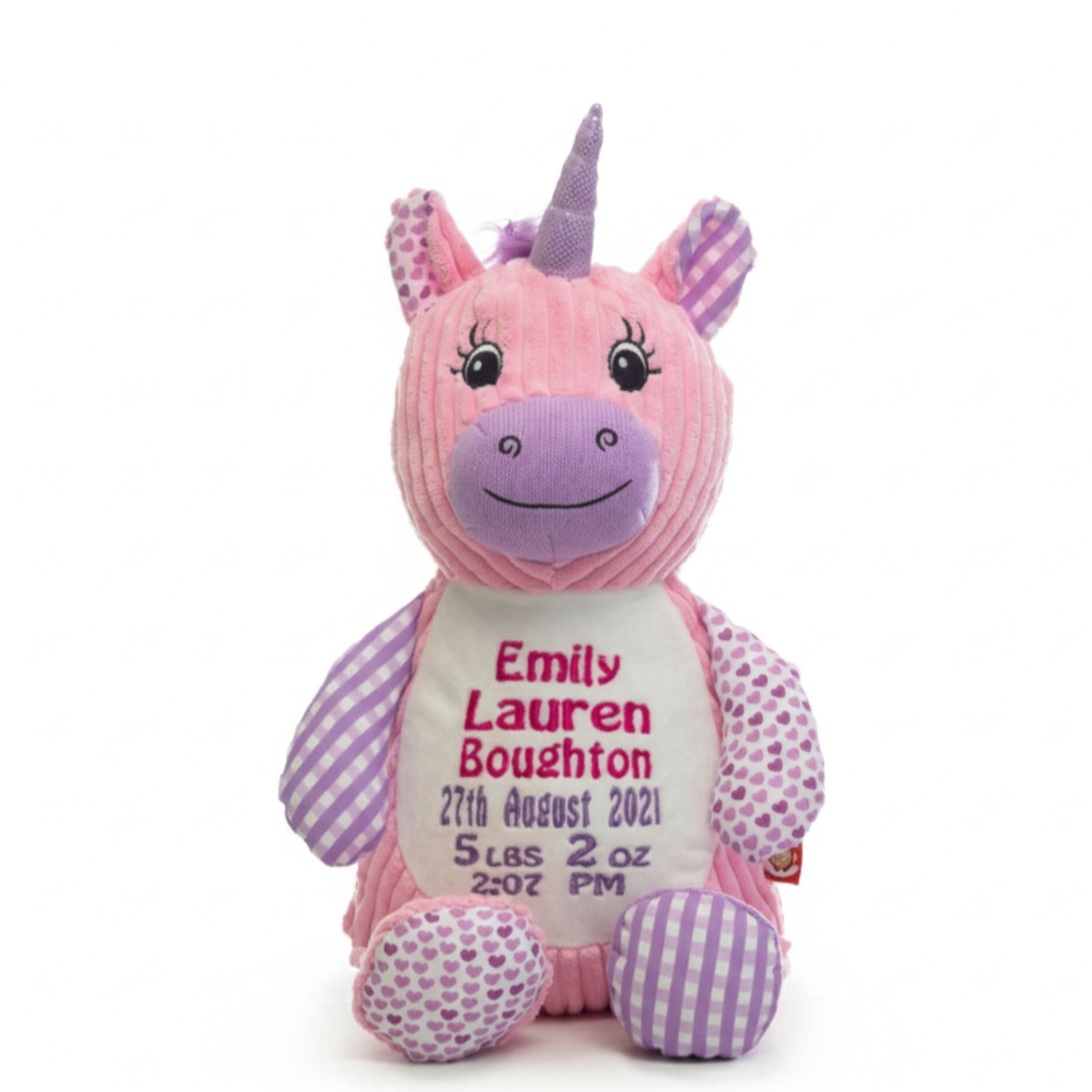 Bella personalised plush sensory unicorn front view 🦄✨ embroidered soft toy gift