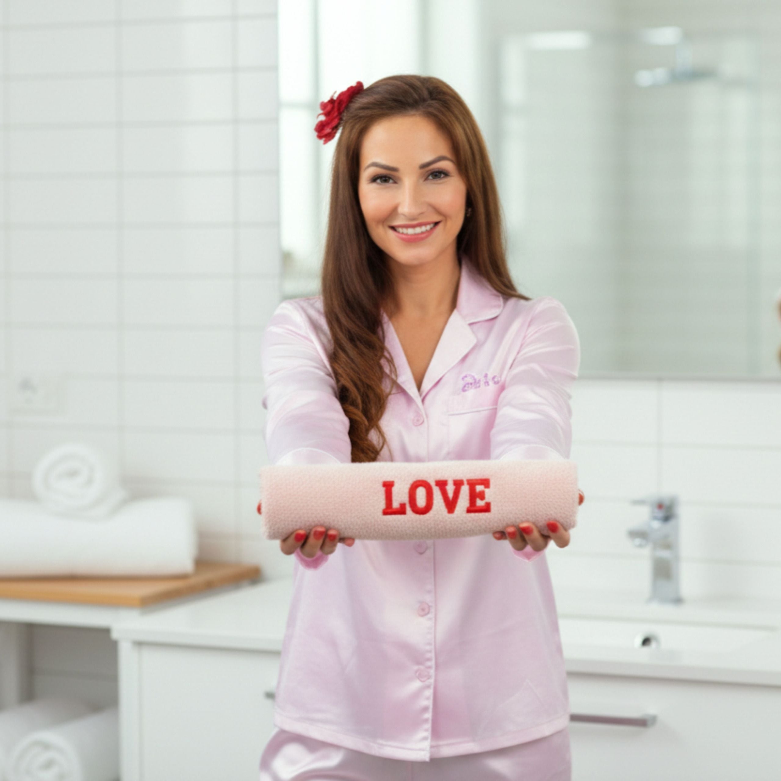 Woman holding an embroidered personalised towel