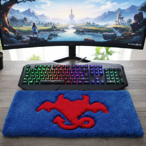 Blue Devil Heart handmade tufted keyboard rug placed under computer keyboard