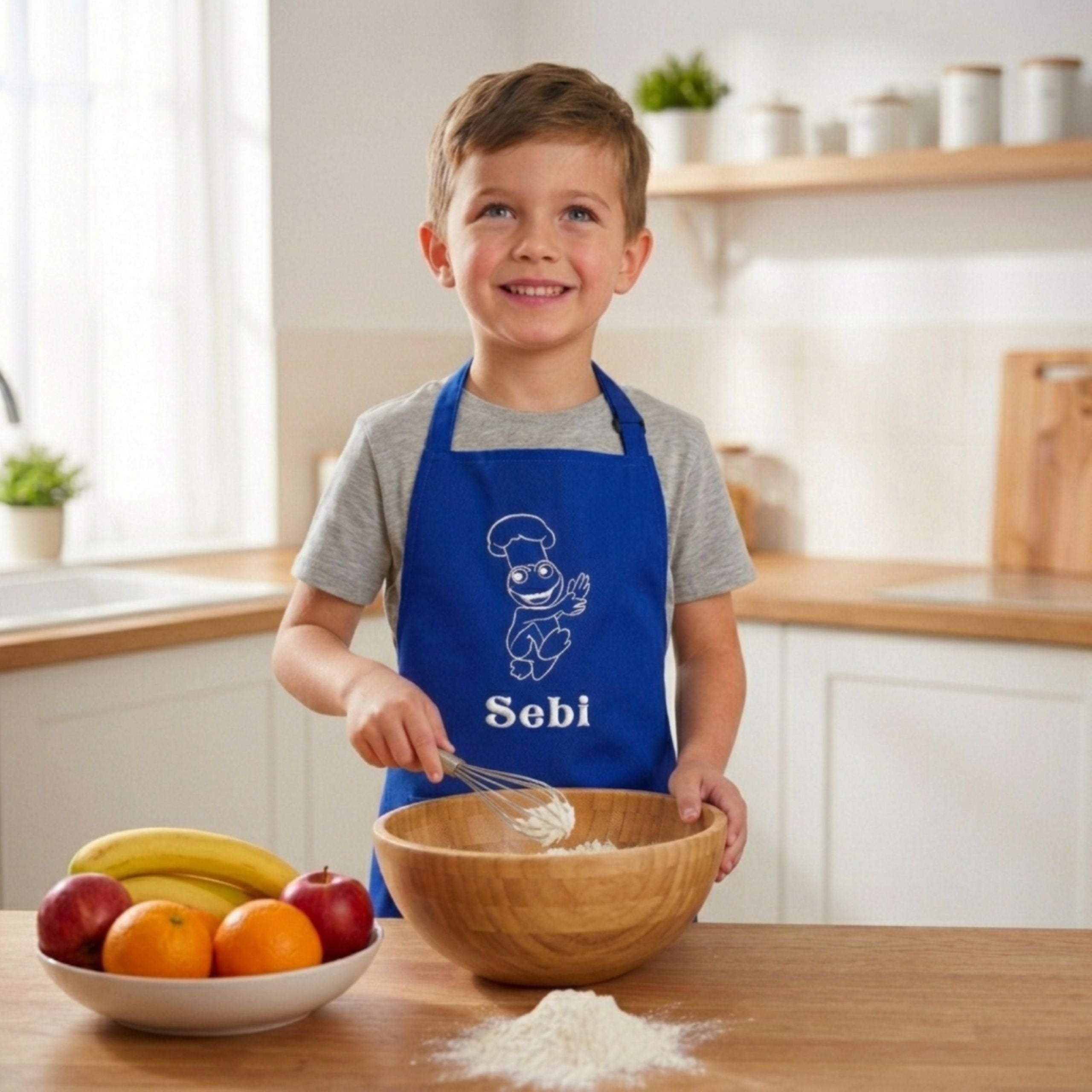 Young boy in blue apron mixing ingredients in a bowl in kitchen