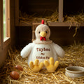 Personalised plush chicken Poppy sitting softly on display
