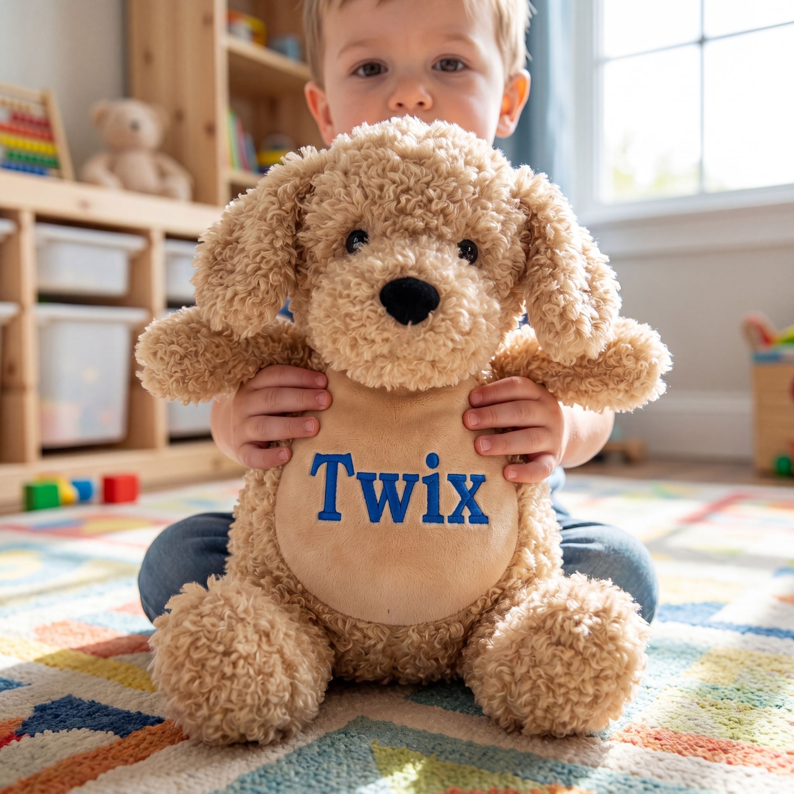 Young boy playing and cuddling personalised Labradoodle plush toy Baffy, soft teddy dog designed for comfort and gifting