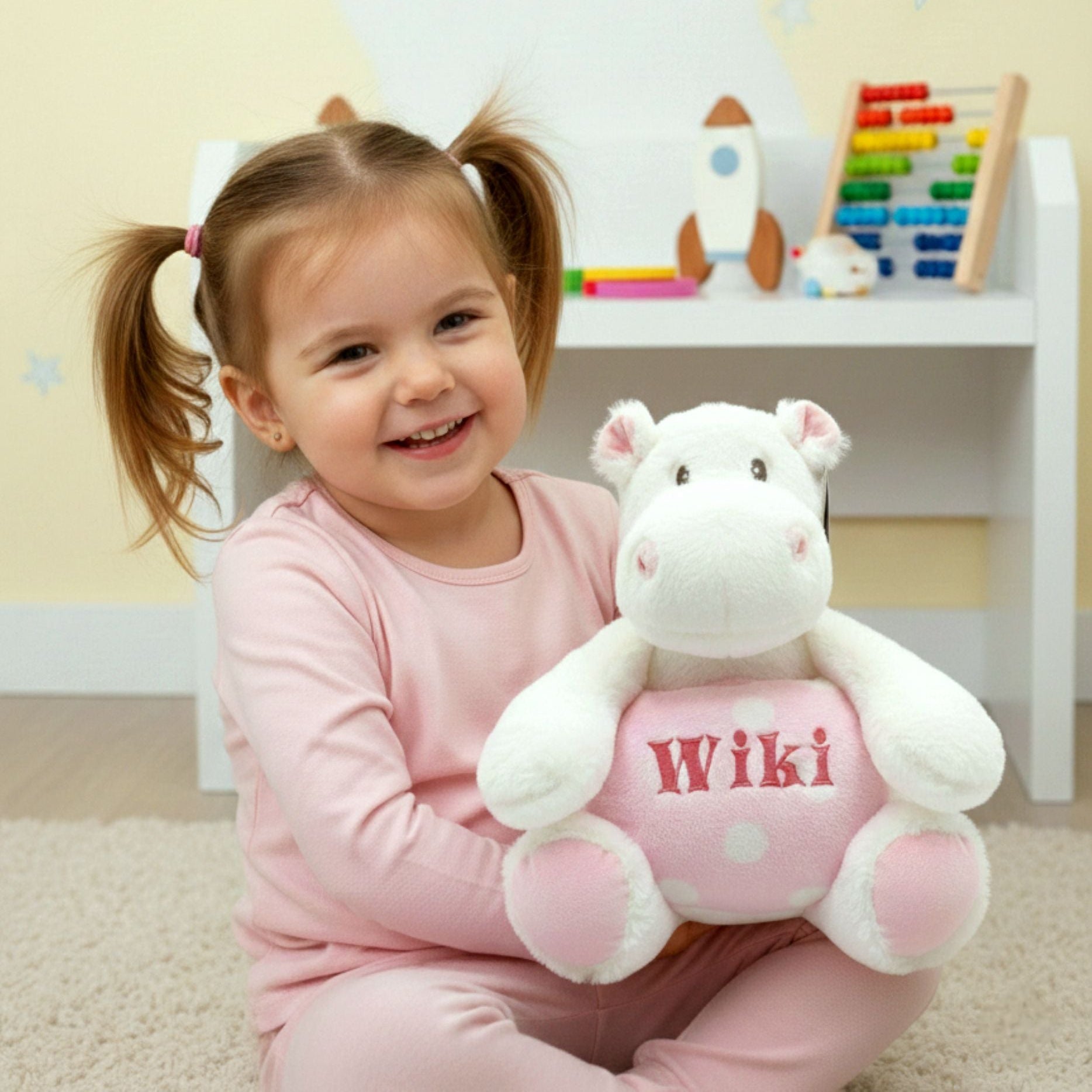 Little girl playing with personalised pink hippo soft toy with fleece blanket