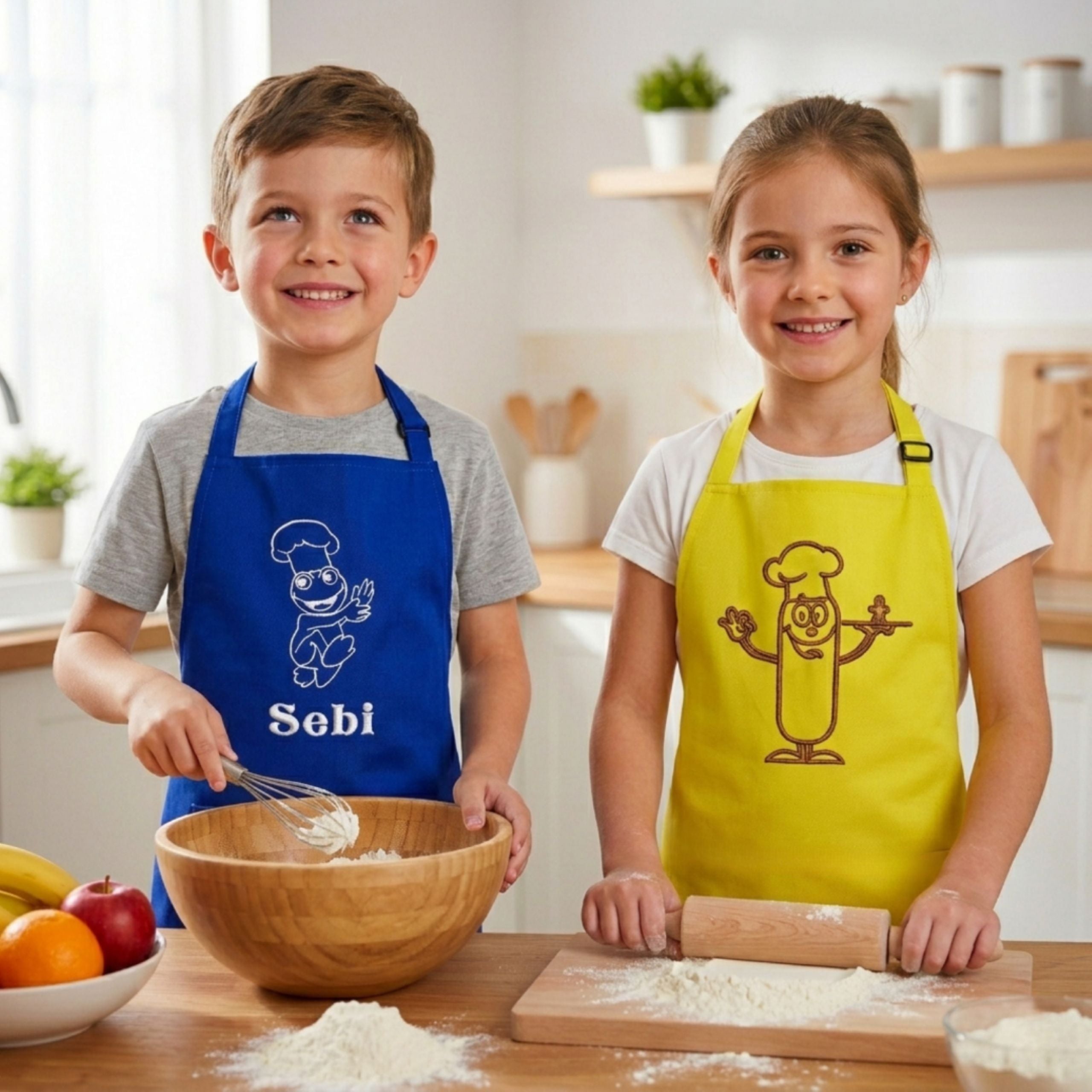 Boy and girl wearing personalised kids aprons in kitchen, smiling and cooking