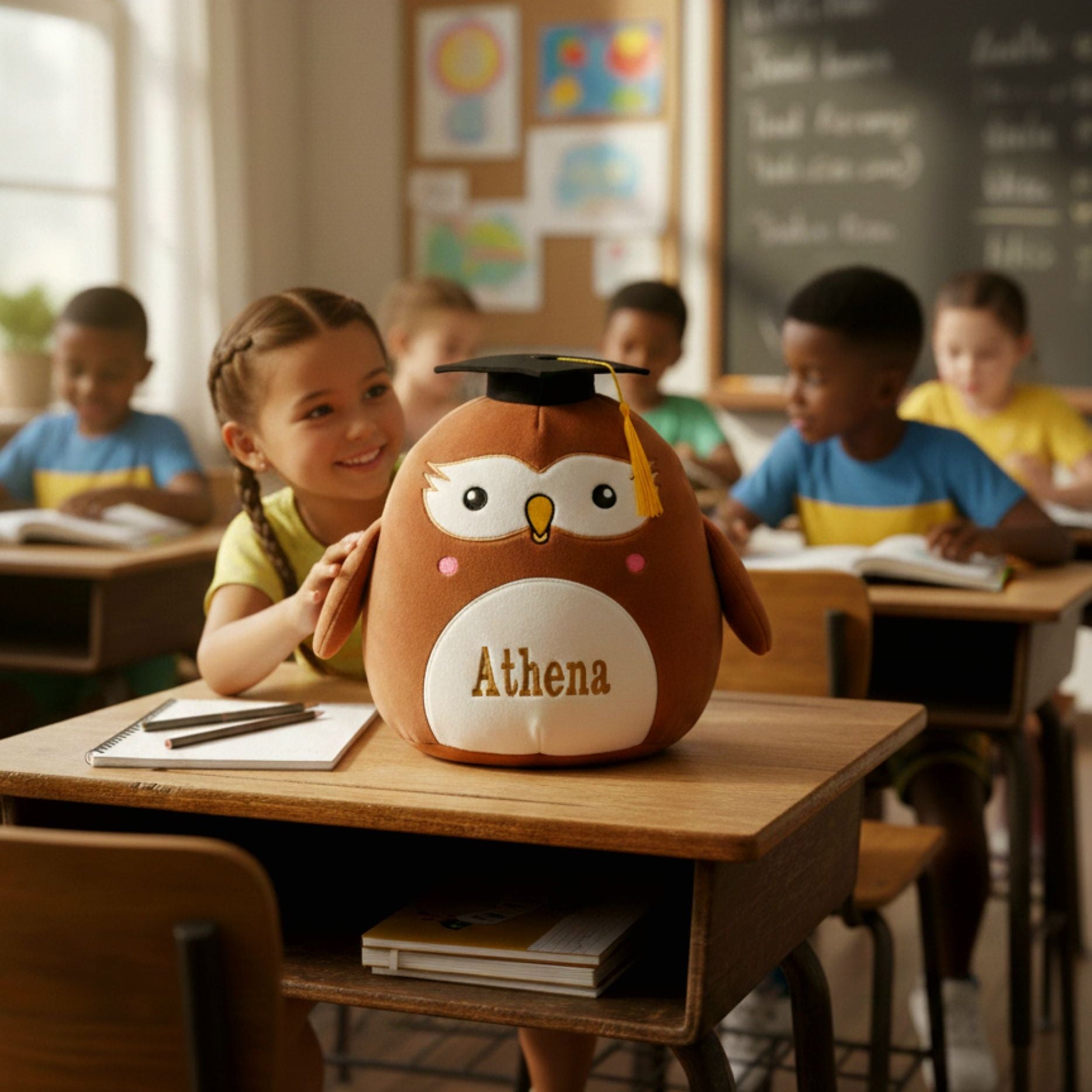Children playing with personalised graduation plush owl Echo in a school classroom
