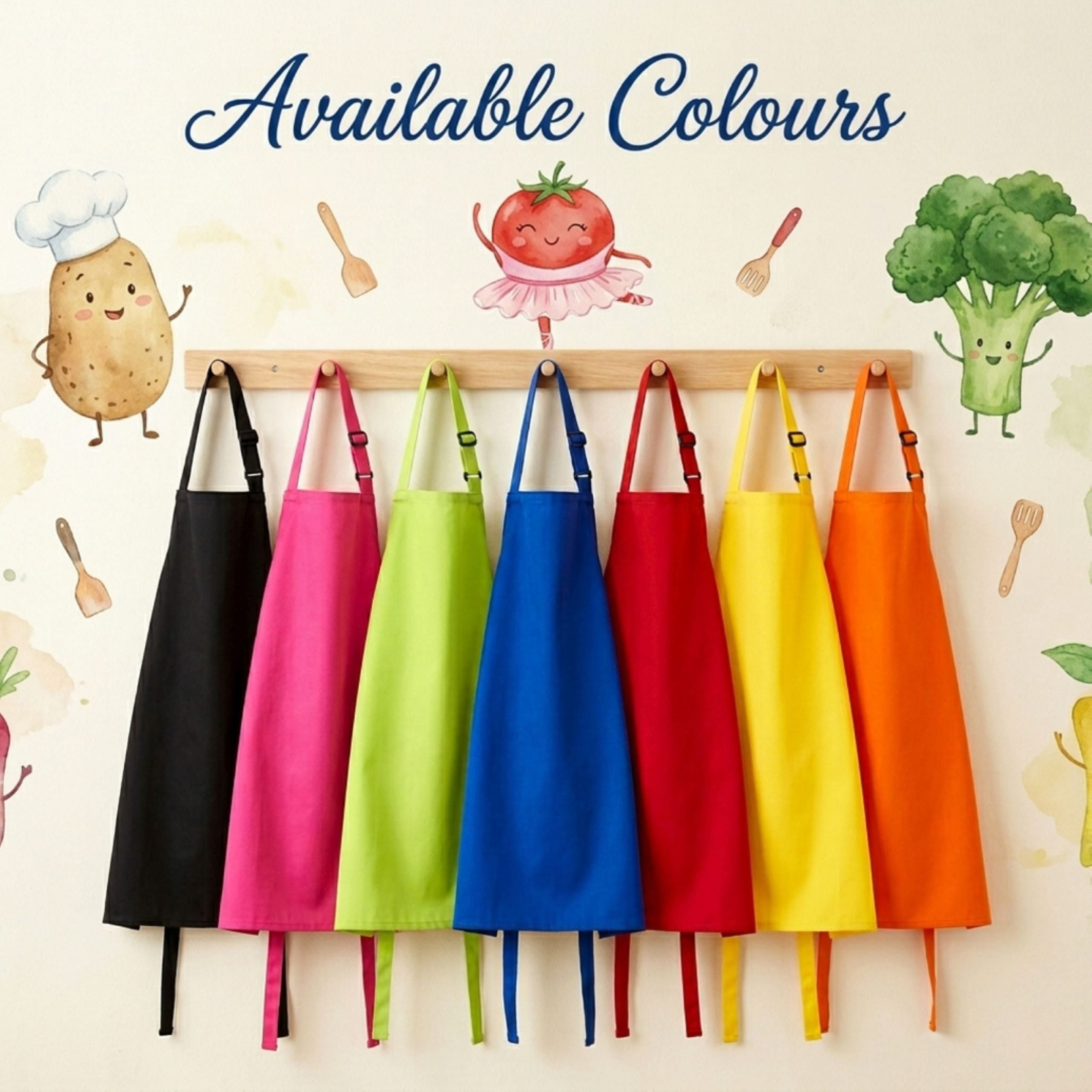 Selection of vibrant kids apron colours available: blue and yellow