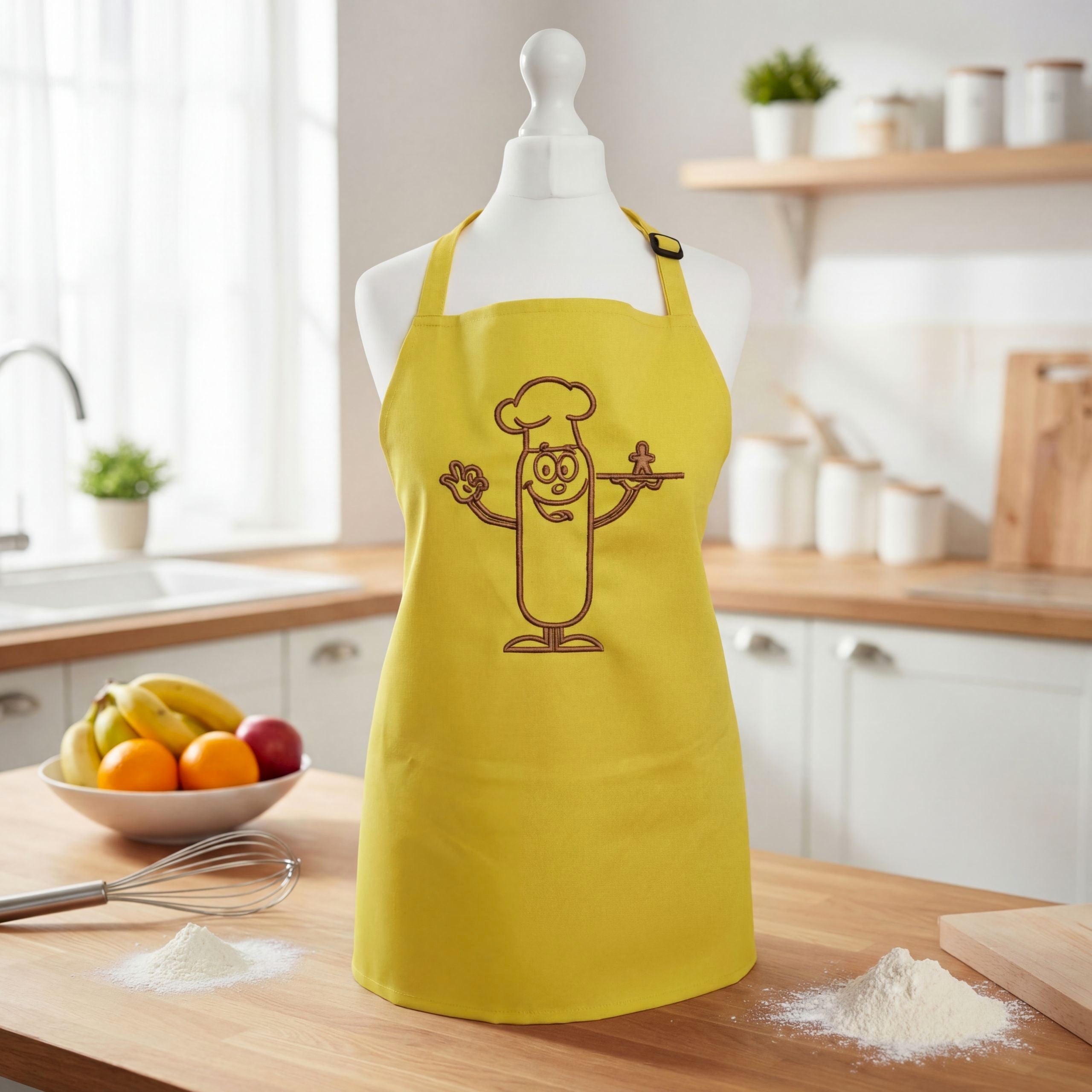 Close-up of personalised yellow children’s apron with embroidery