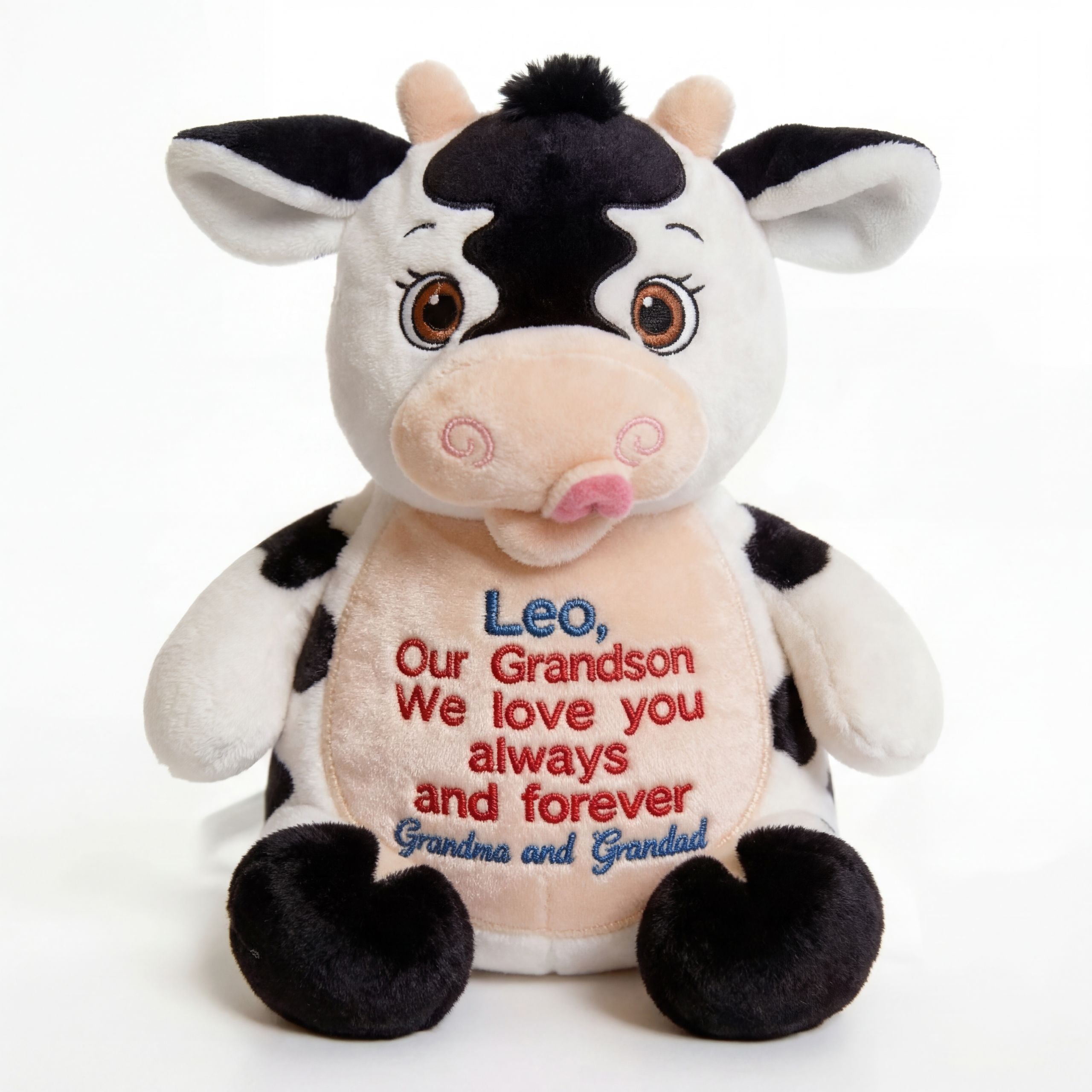 Button personalised plush signature cow sitting in the front embroidered soft toy gift