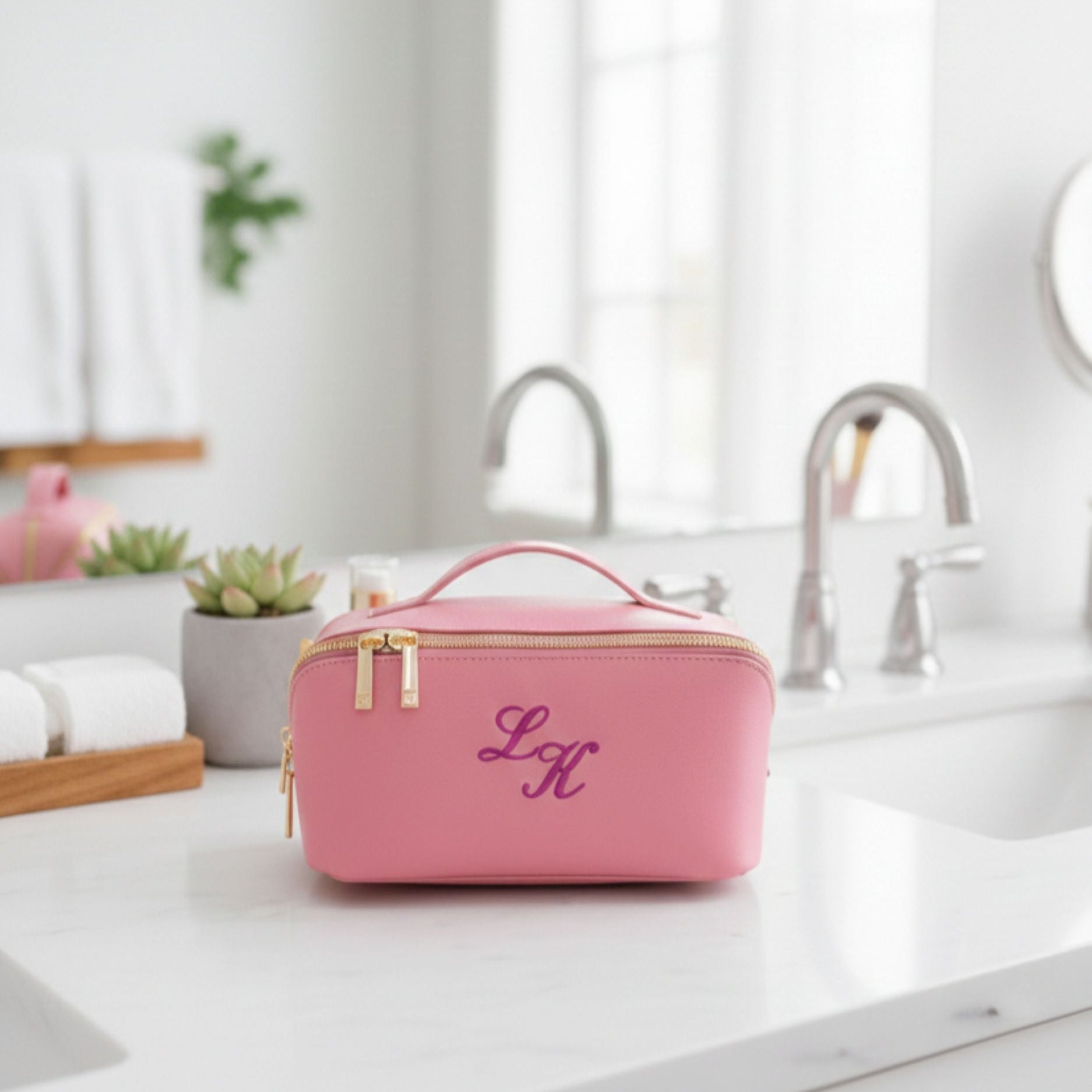 Personalised metallic embroidered cosmetic bag