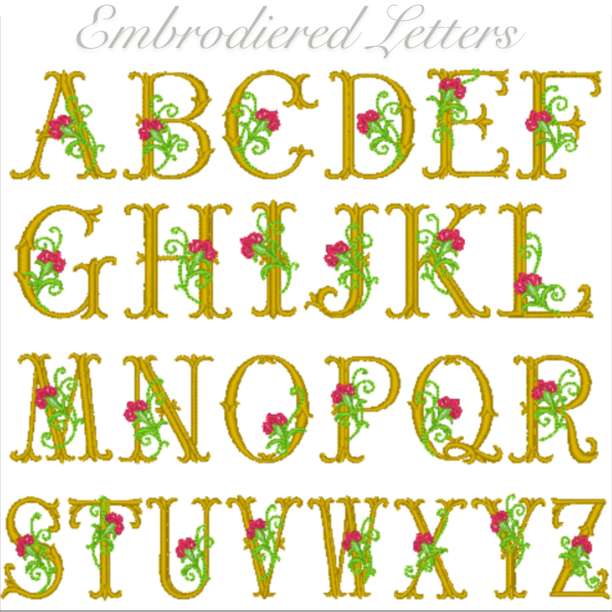 Embroidered initial alphabet sample for personalised velvet gift bags