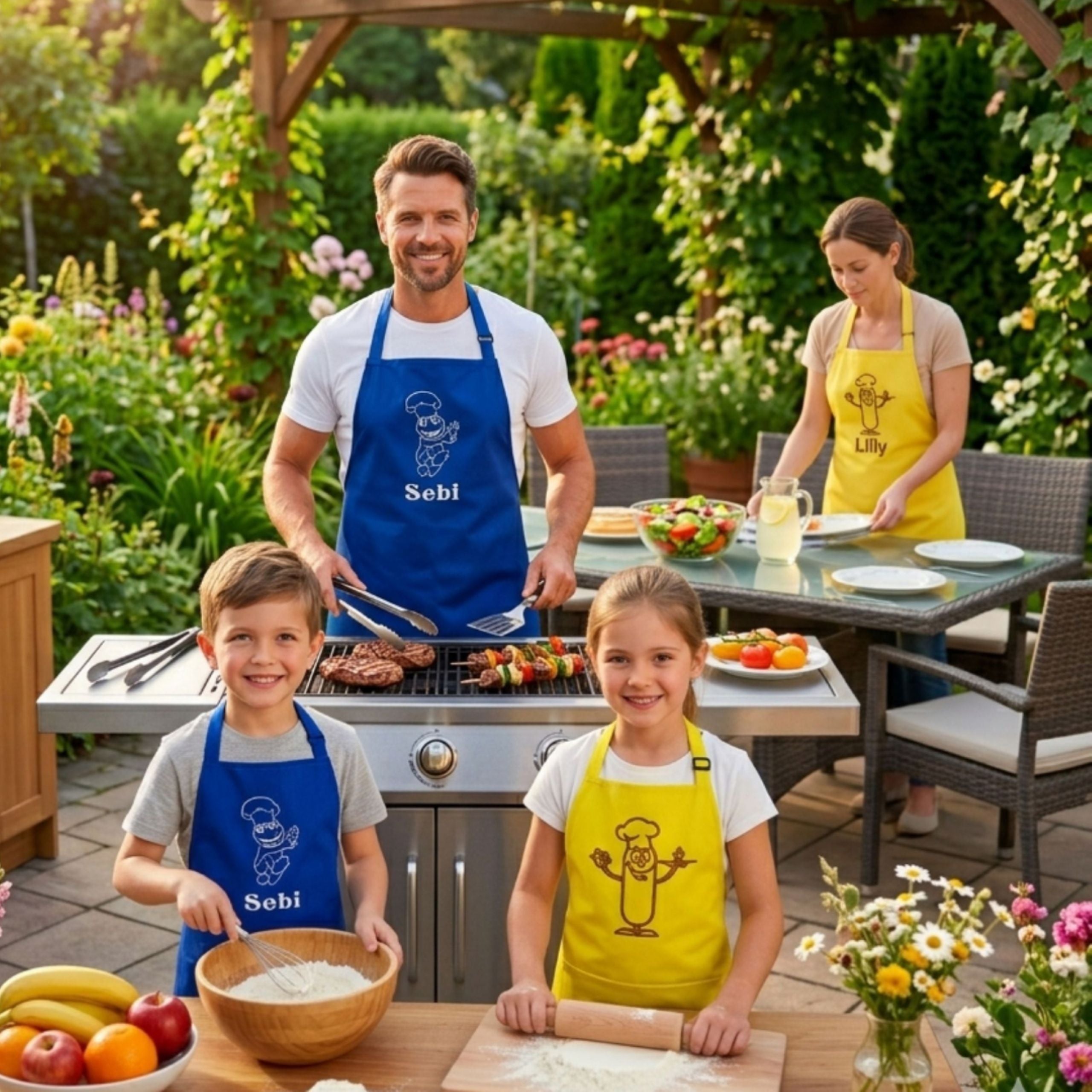 Mother, father, and two children wearing matching personalised aprons, grilling and cooking together in the garden, enjoying a fun family BBQ.