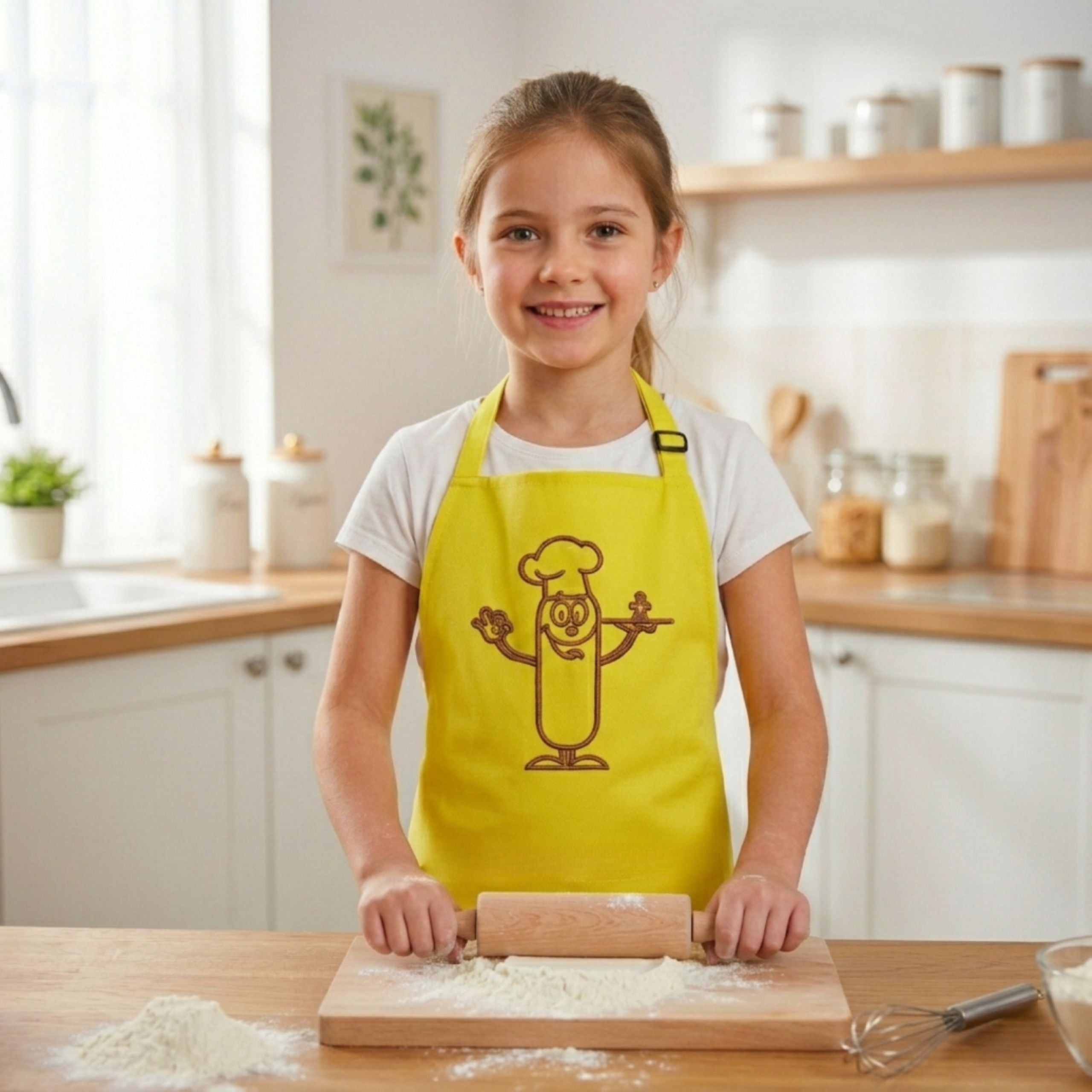 Young girl in yellow apron rolling dough in kitchen
