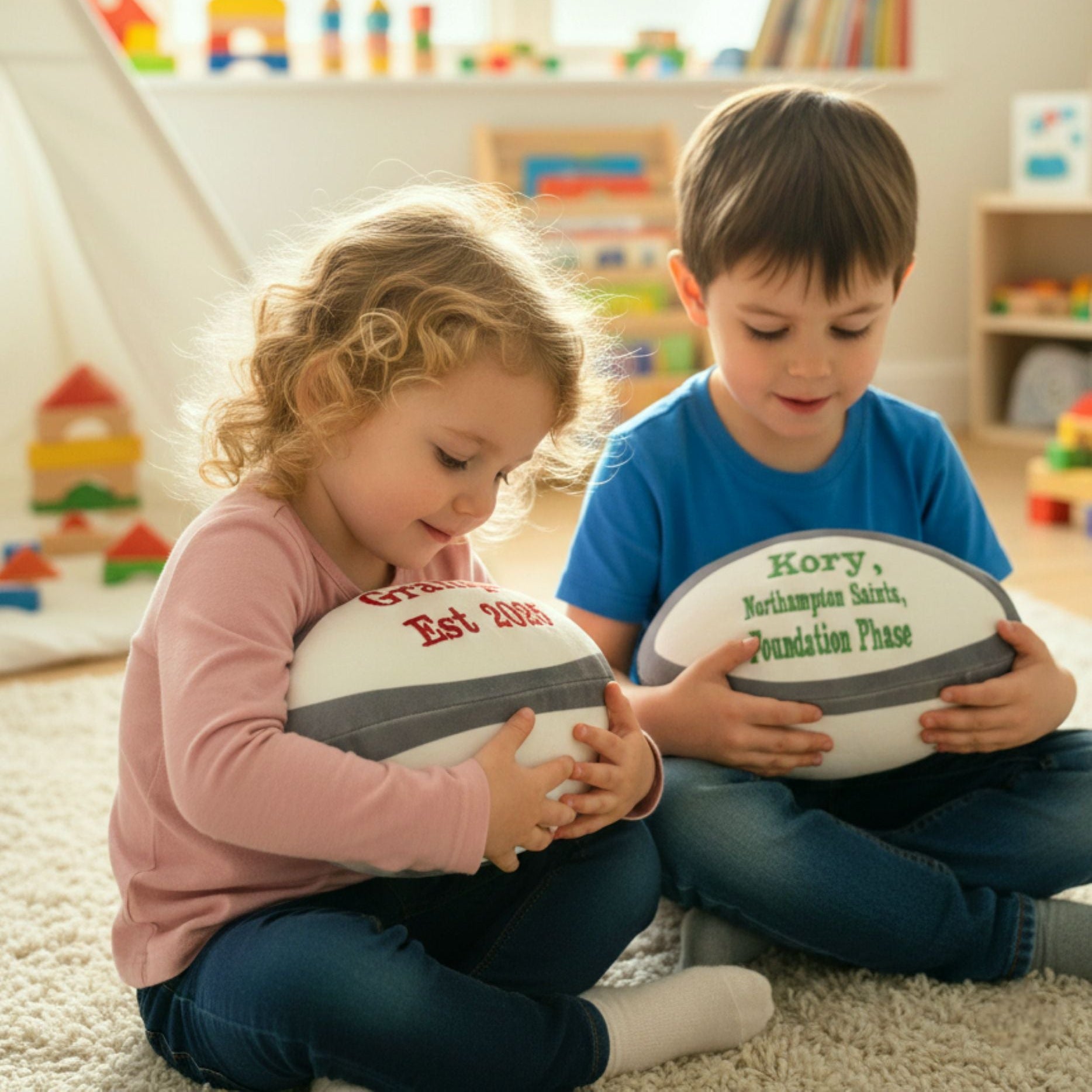Children playing with personalised plush rugby balls with custom embroidered names, perfect gift for kids
