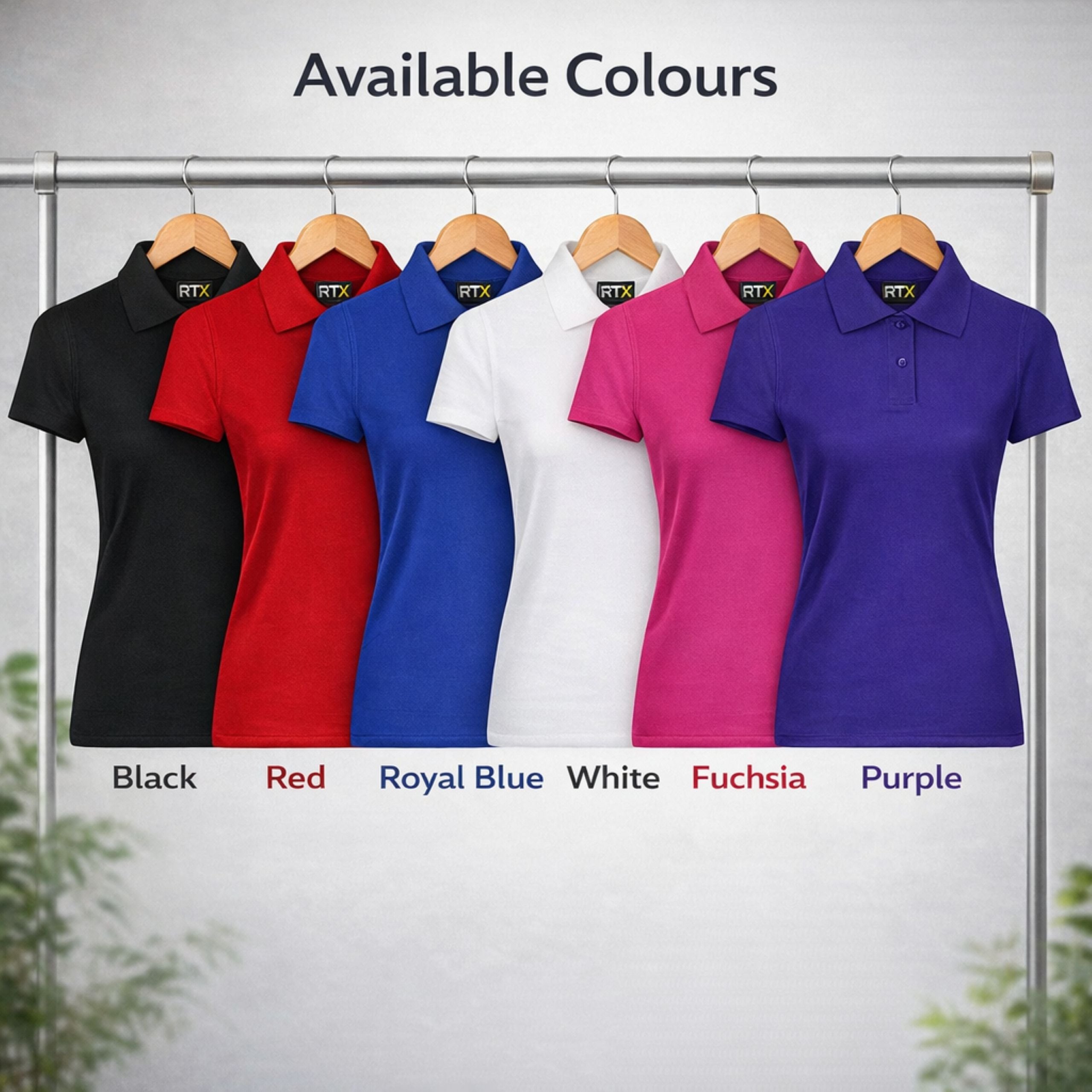 Available colours for ladies RTX workwear polo shirts including black red royal blue white fuchsia and purple