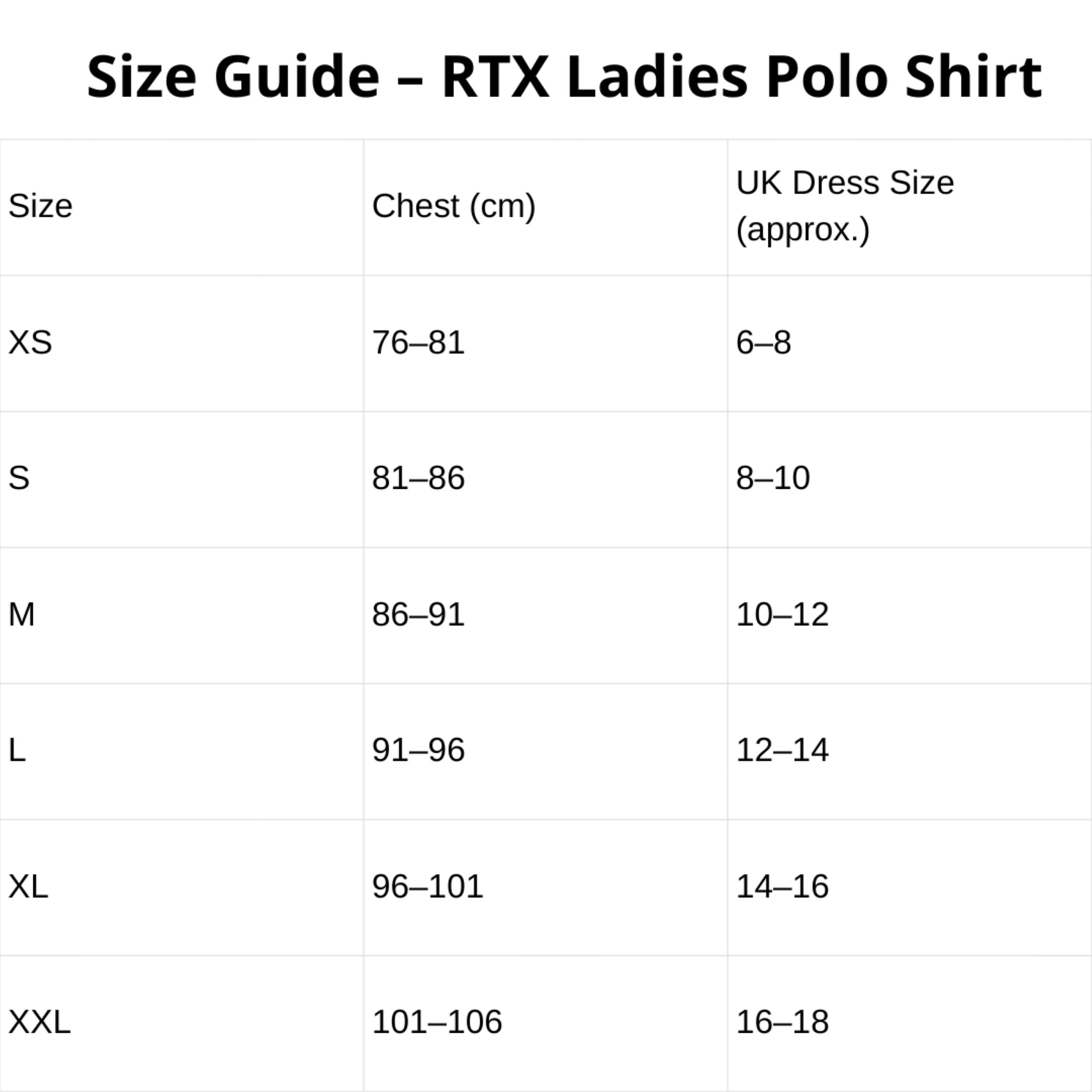 Size guide for ladies RTX polo shirts showing XS to XXL measurements