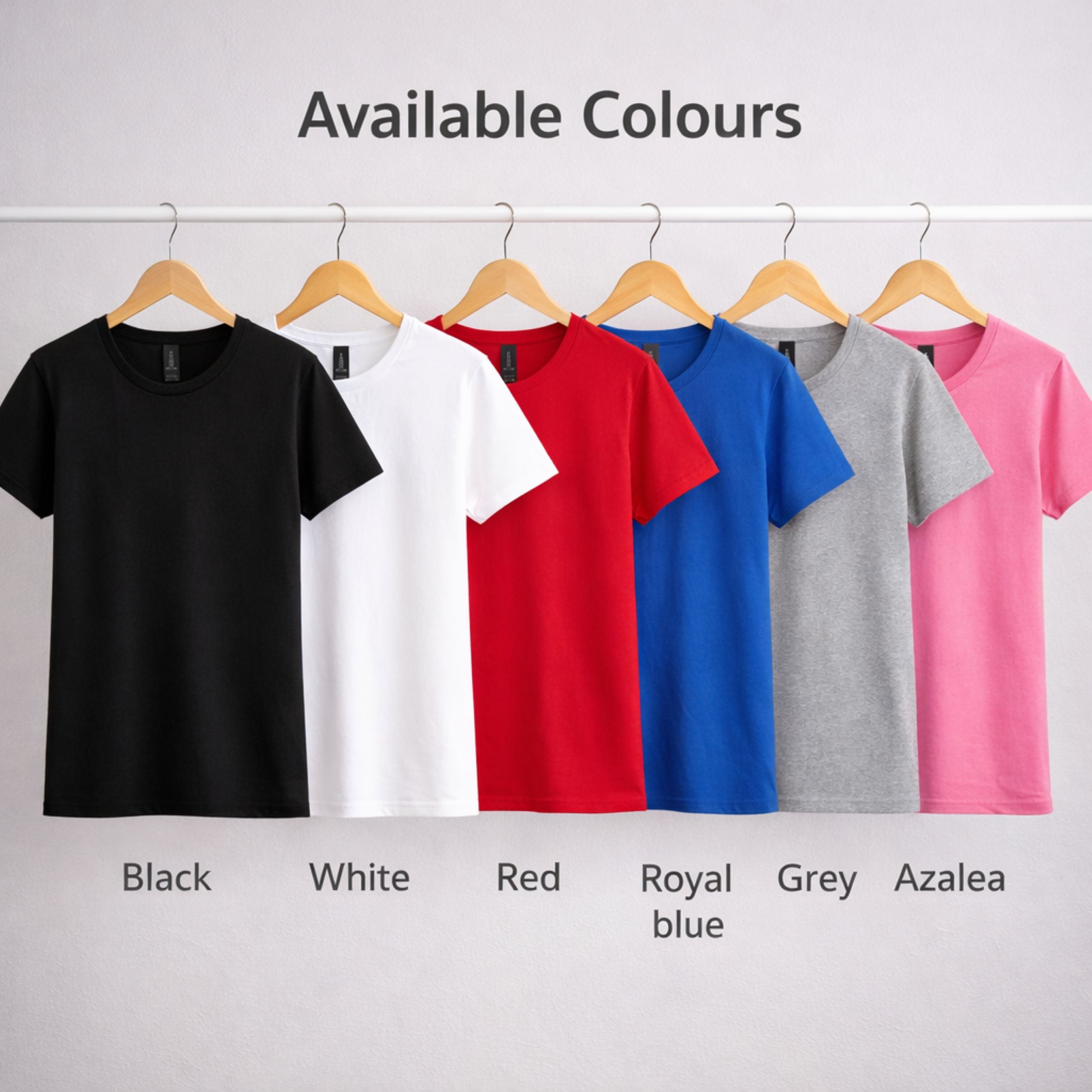 Available colours of ladies workwear T-shirts including black white red grey royal blue and azalea