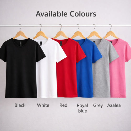 Available colours of ladies workwear T-shirts including black white red grey royal blue and azalea