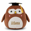 Echo the plush graduation owl sitting on a classroom desk