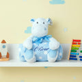Personalised blue hippo Sky with fleece blanket embroidered baby gift front view