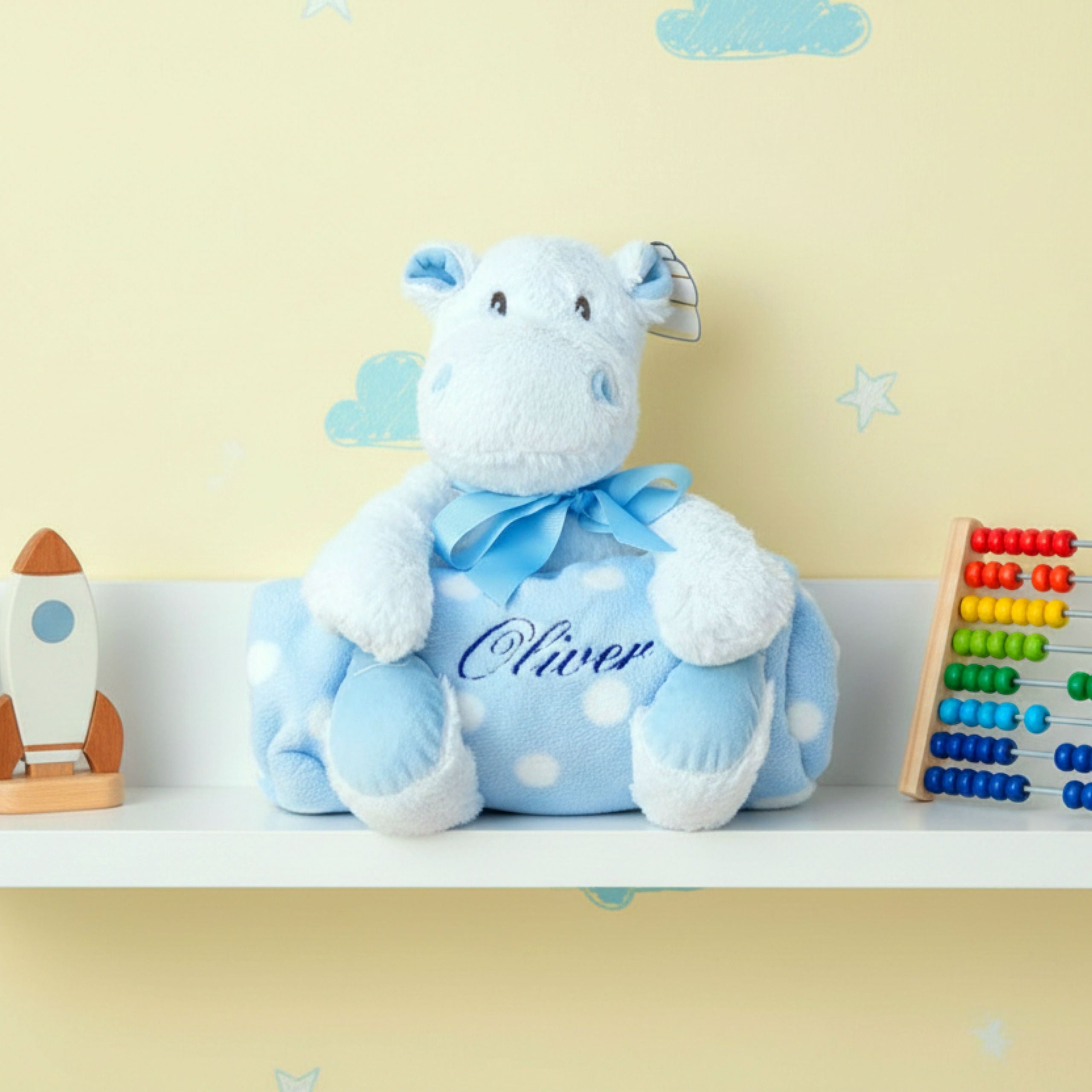 Personalised blue hippo Sky with fleece blanket embroidered baby gift front view