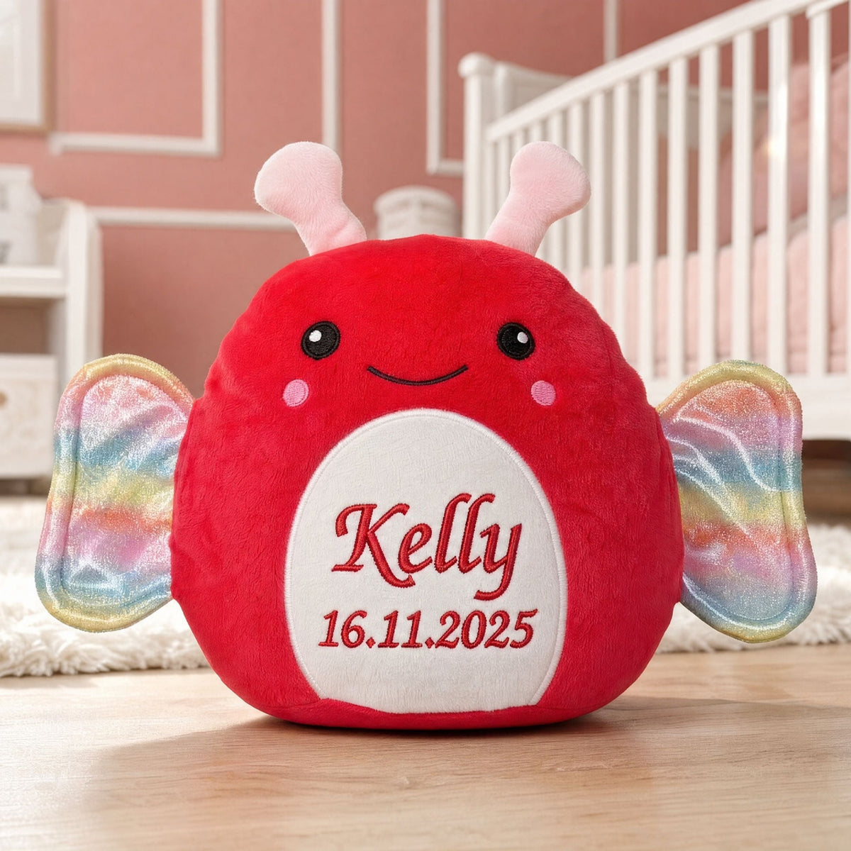 Close-up of personalised plush butterfly Fuzzy sitting on the floor in a children's bedroom