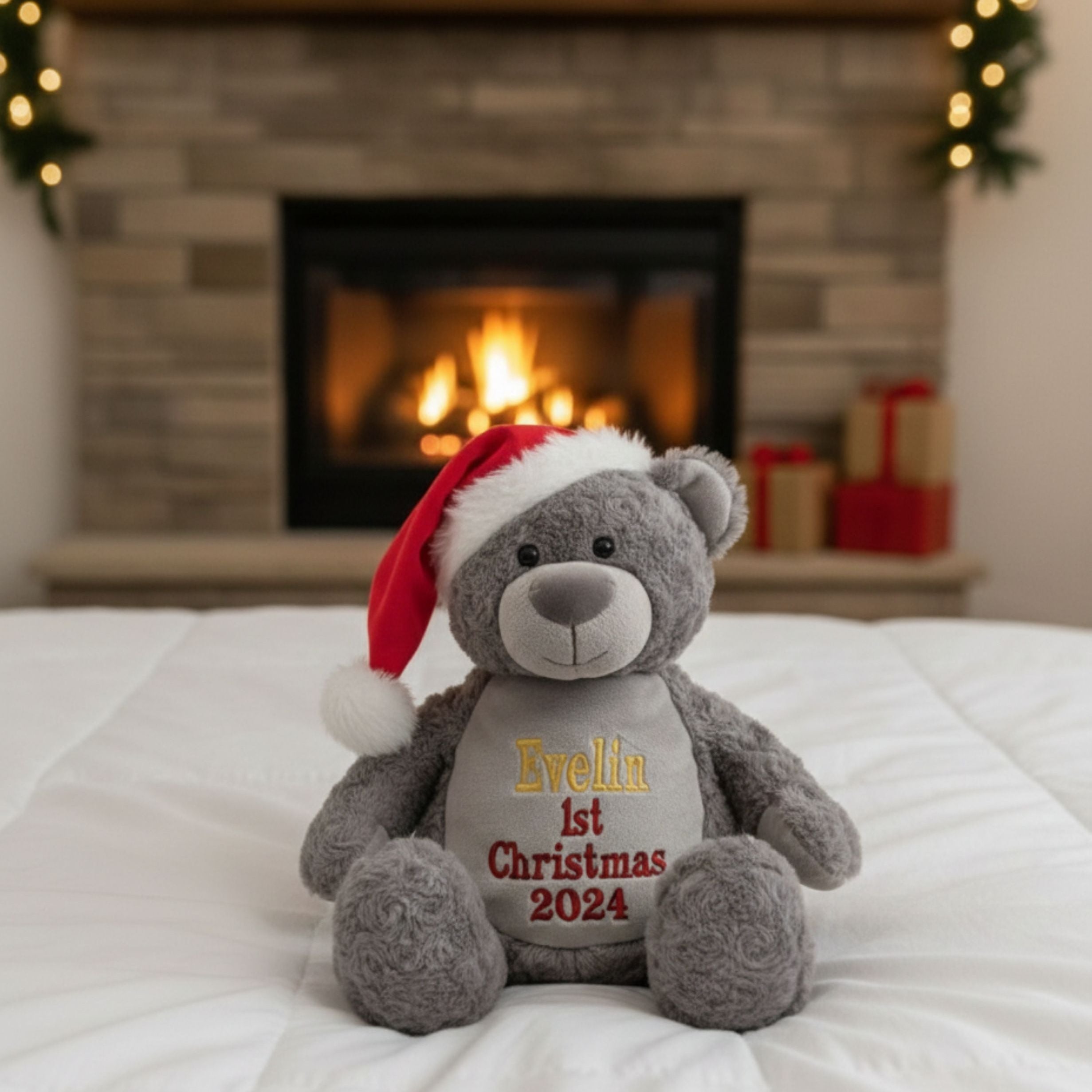 Personalised Christmas teddy bear Holly sitting by fireplace festive embroidered gift UK