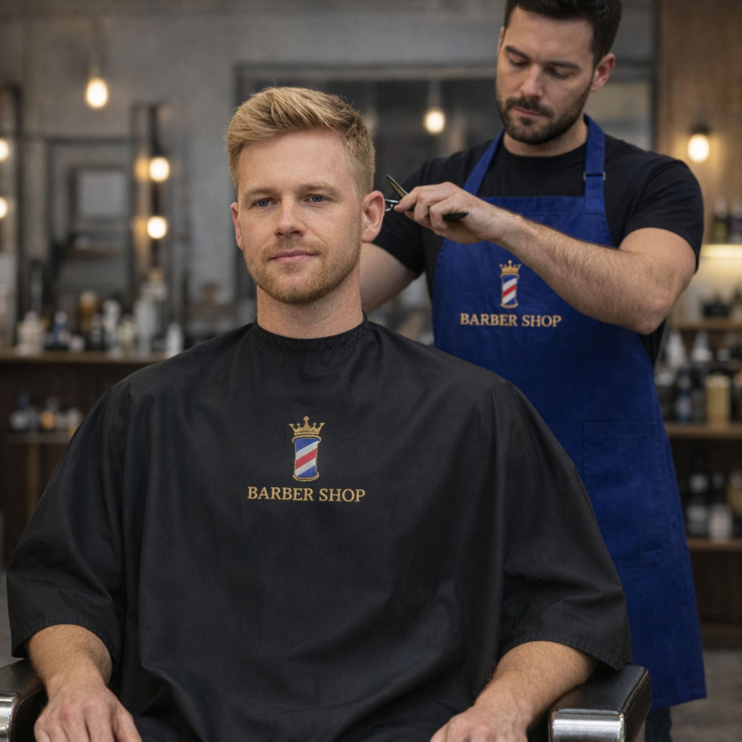 Hair stylist wearing a personalised waterproof hairdressing gown while working in a salon