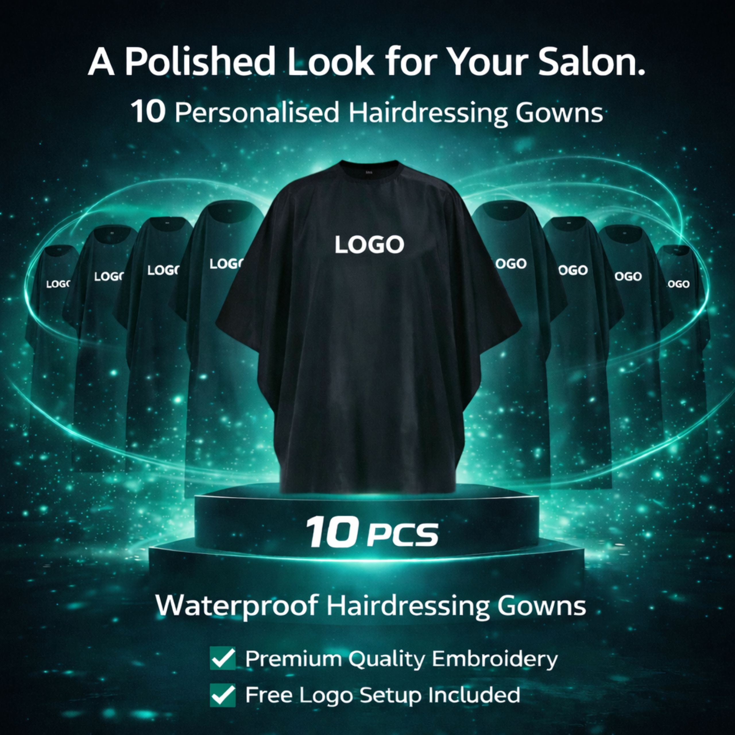 Pack of 10 personalised waterproof hairdressing gowns embroidered with salon logo