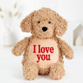 Front view of personalised Labradoodle plush toy Baffy, soft 42cm teddy dog with fluffy brown fur, black eyes and black nose