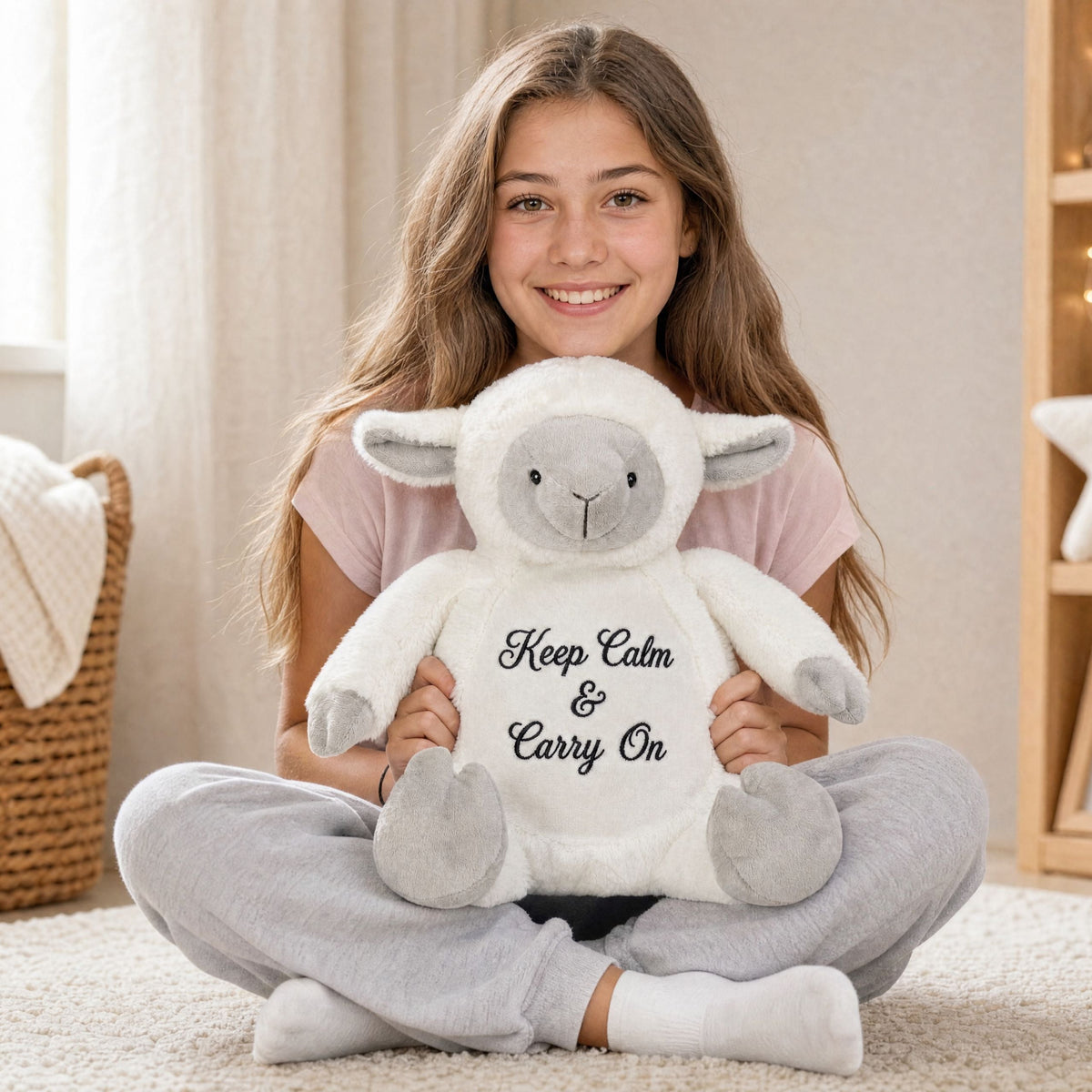 Teenage girl holding personalised lamb plush toy Honey on her lap at home