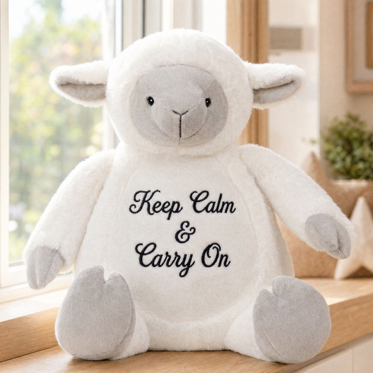 Personalised lamb plush toy Honey sitting on a windowsill in a bright home
