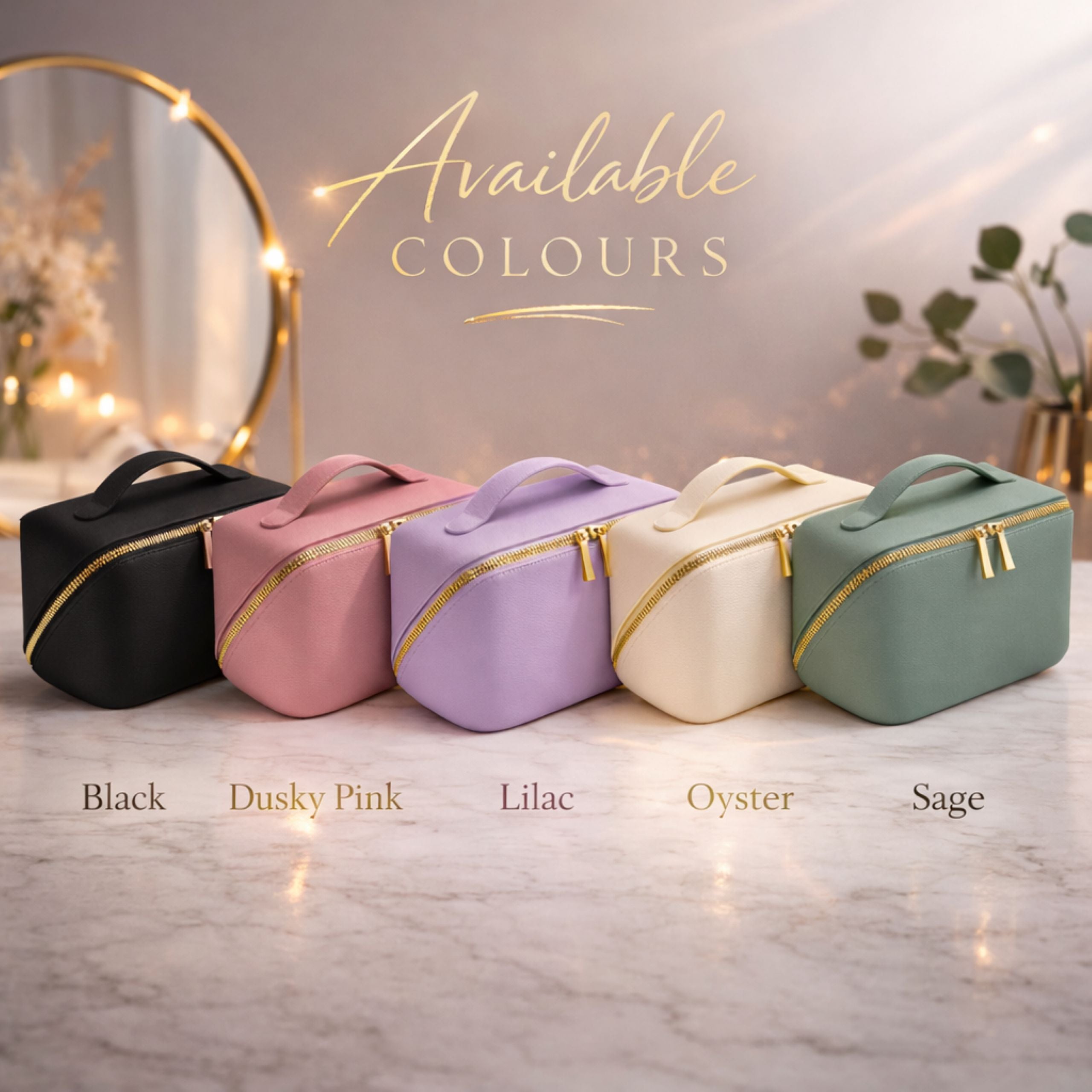 Personalised cosmetic bags available in different colours with metallic embroidery