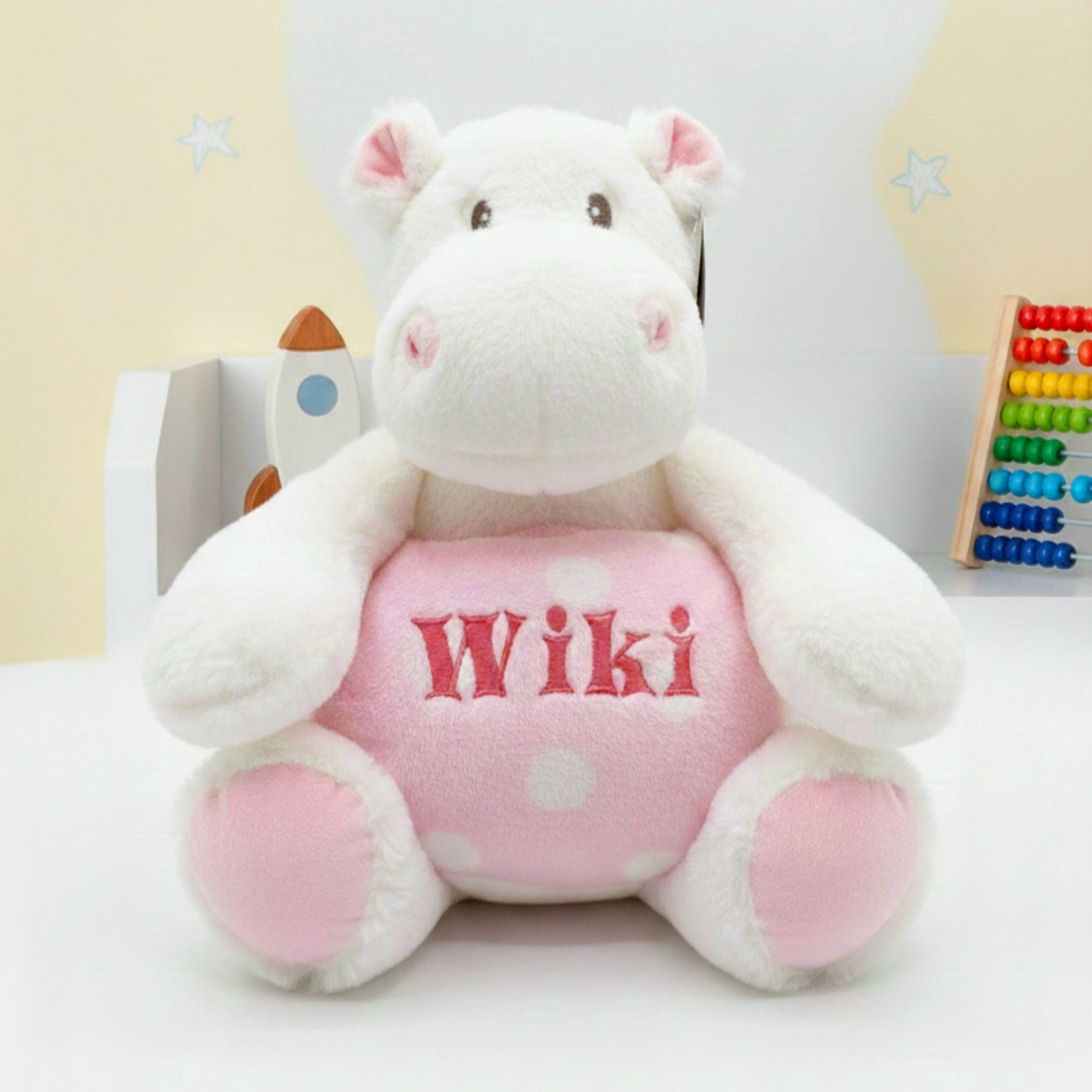 Personalised pink hippo with fleece blanket Cupcake front view embroidered baby gift