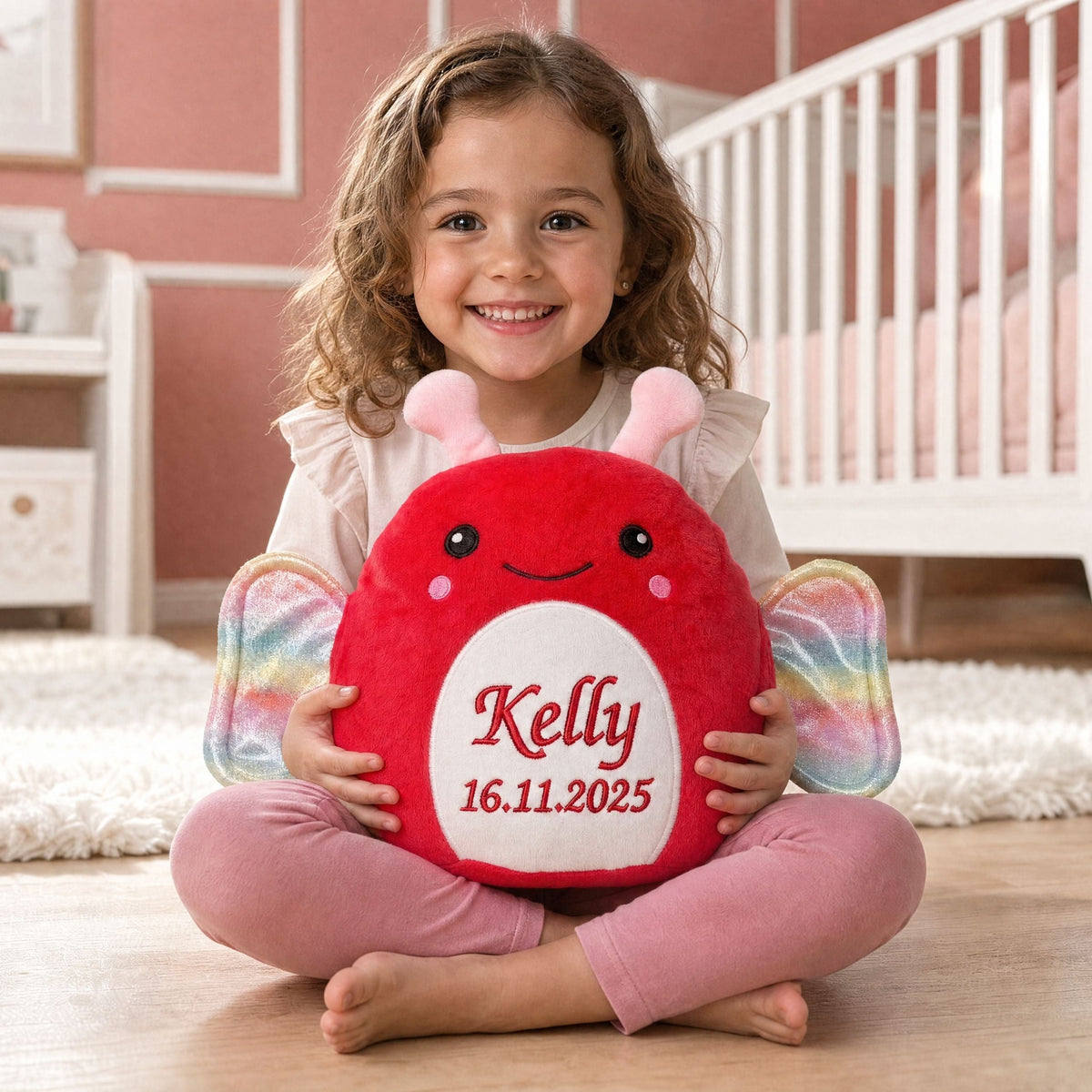 Personalised plush butterfly Fuzzy sitting beside a girl in a children's bedroom