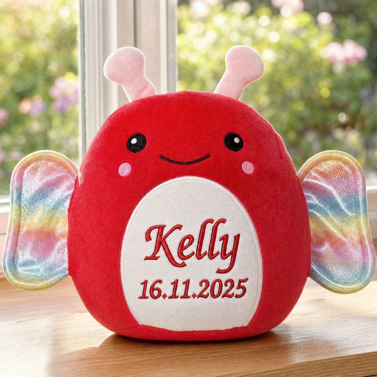 Personalised plush butterfly Fuzzy with embroidered name sitting on a windowsill