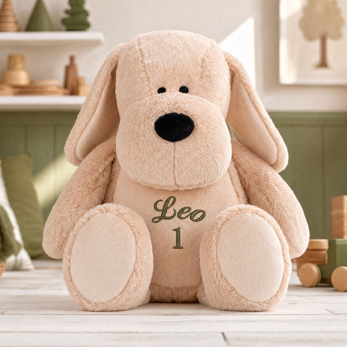 Personalised plush dog Pip sitting on a carpet with embroidered personalisation