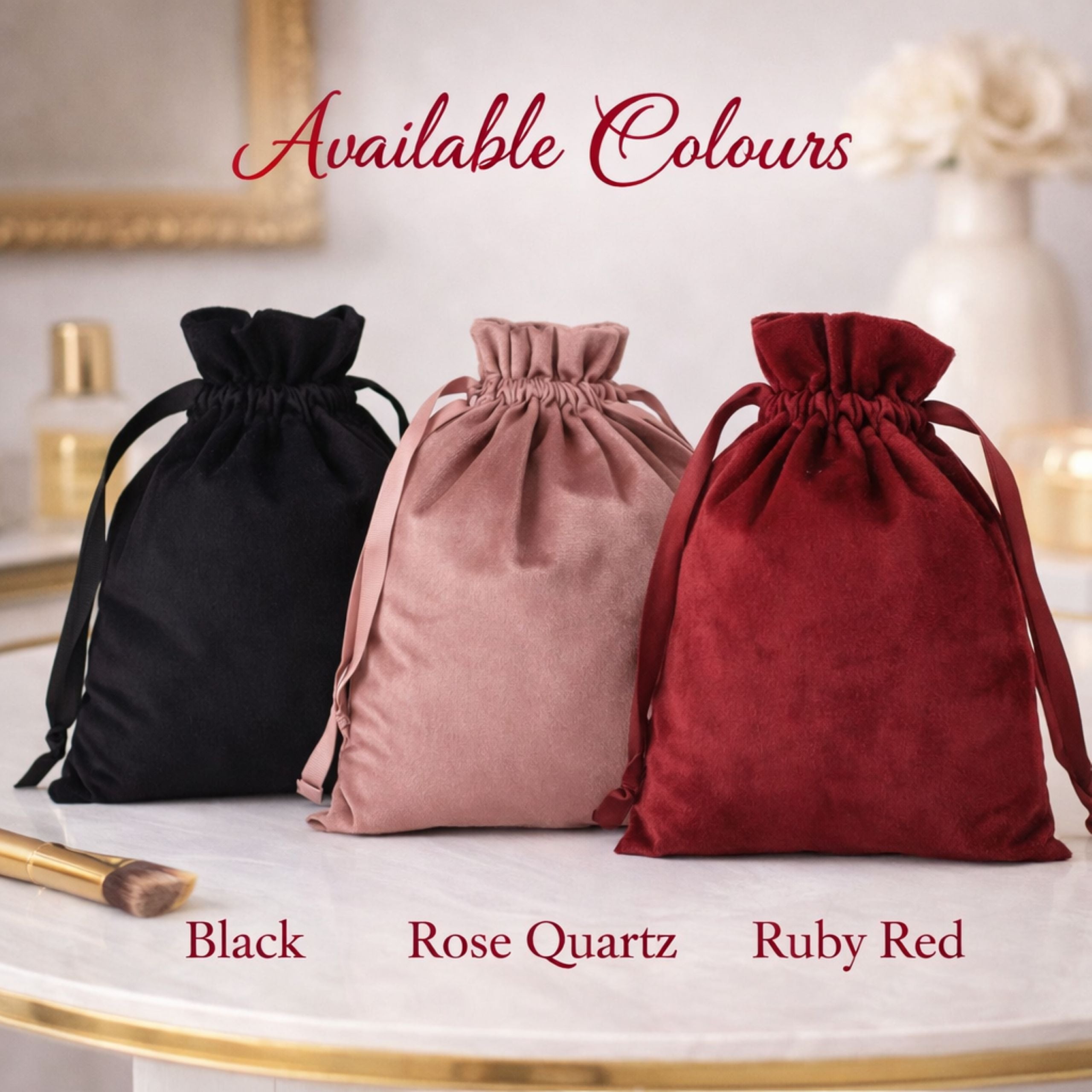 Black and ruby red personalised velvet gift bags available colours