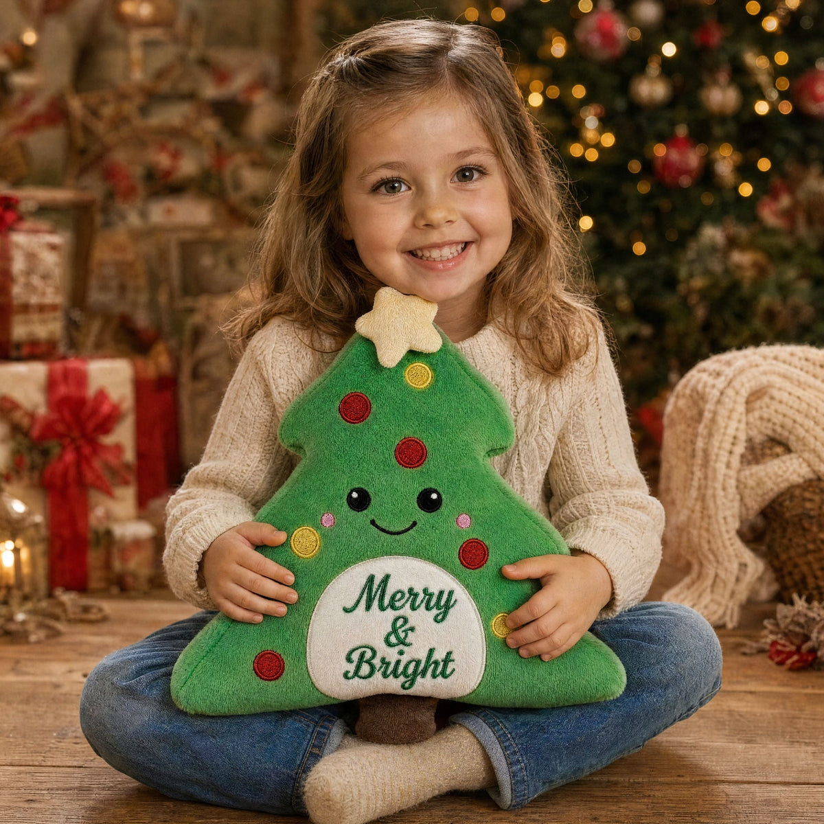 Girl cuddling Jingle the soft personalised Christmas tree plush toy