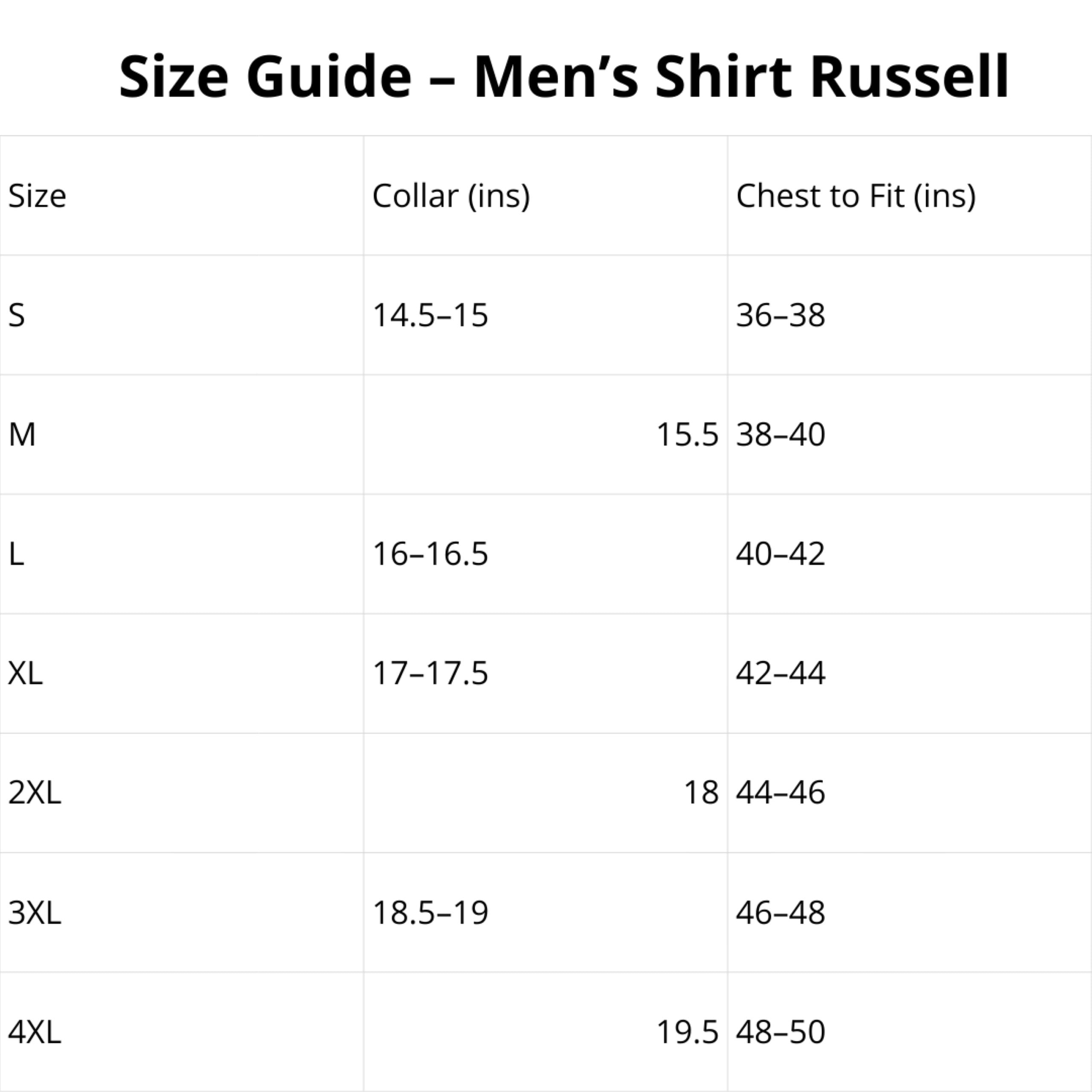 Russell workwear shirt size guide for long sleeve business shirts