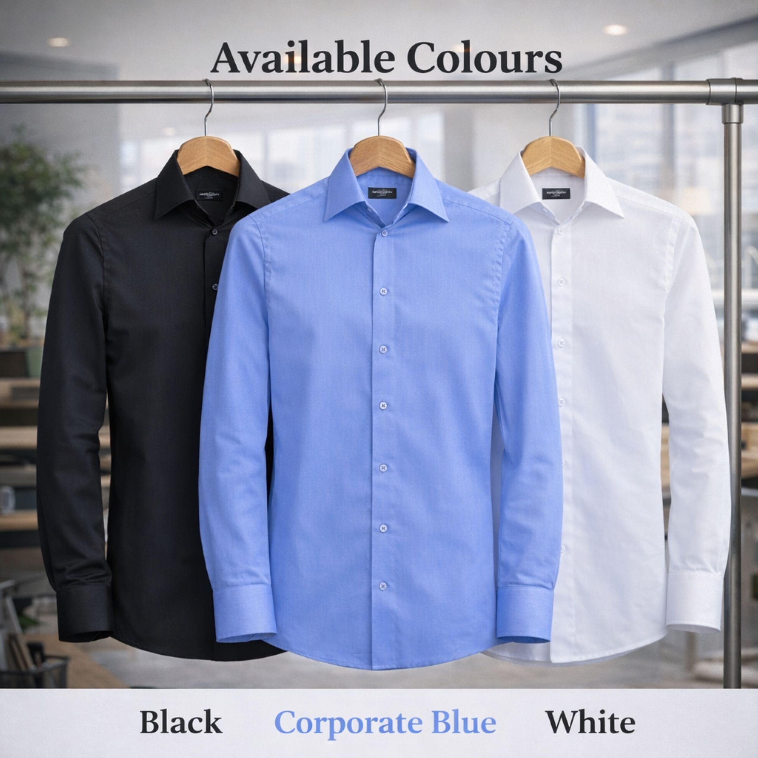 Russell long sleeve workwear shirts available in Black, Corporate Blue and White