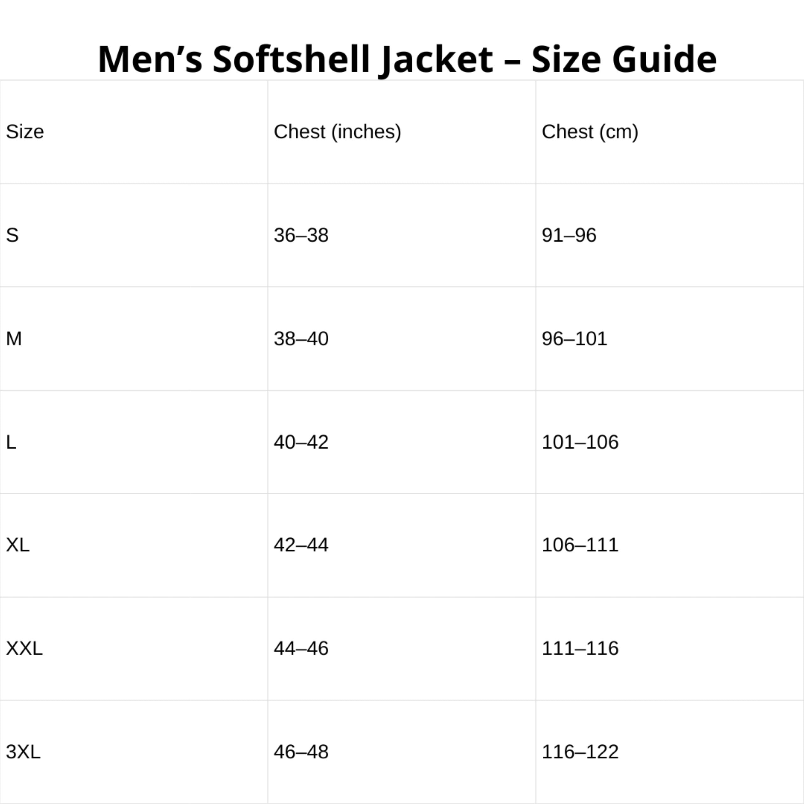 Men’s softshell jacket size guide showing chest measurements to fit body size