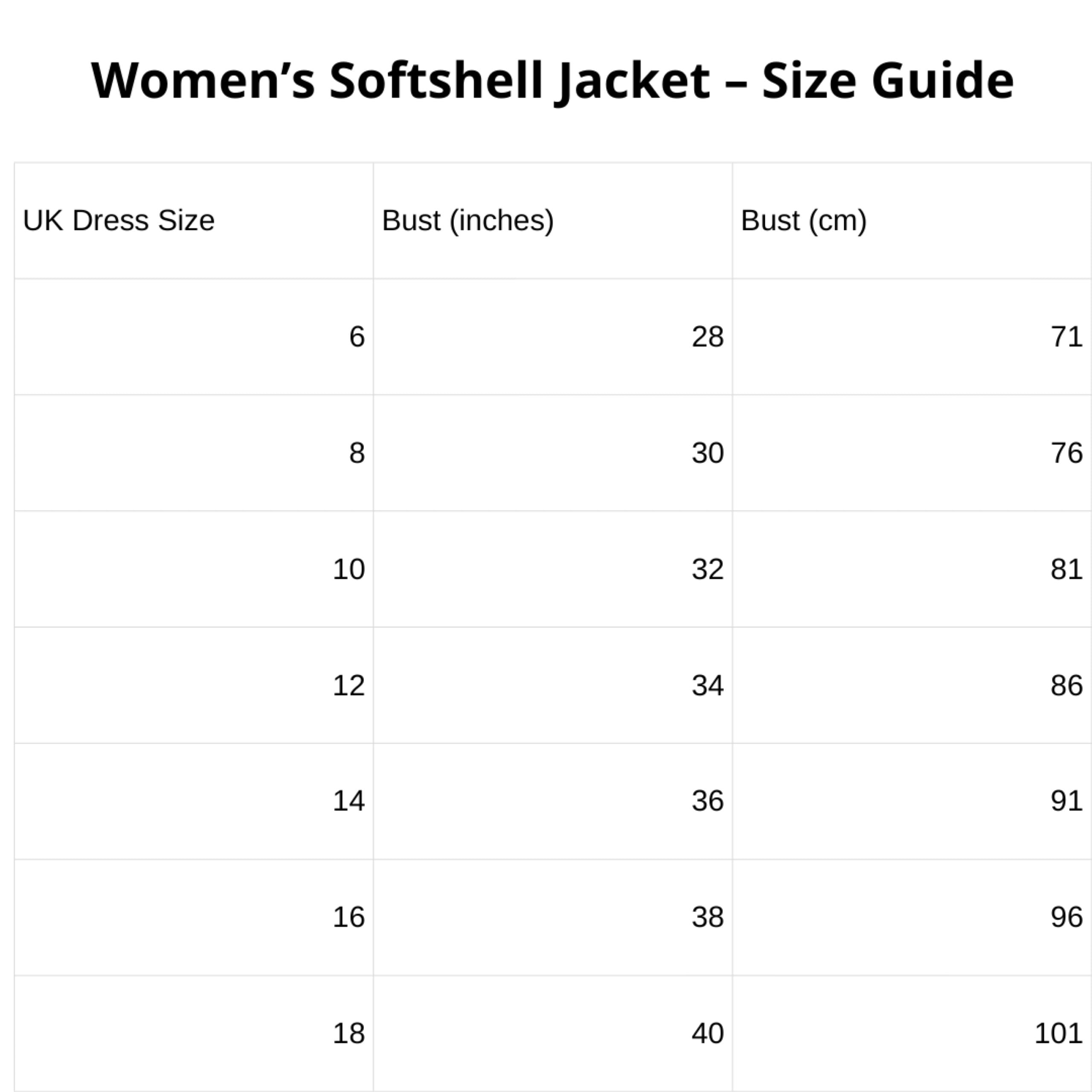 Women’s softshell jacket size guide showing UK dress size and bust measurements