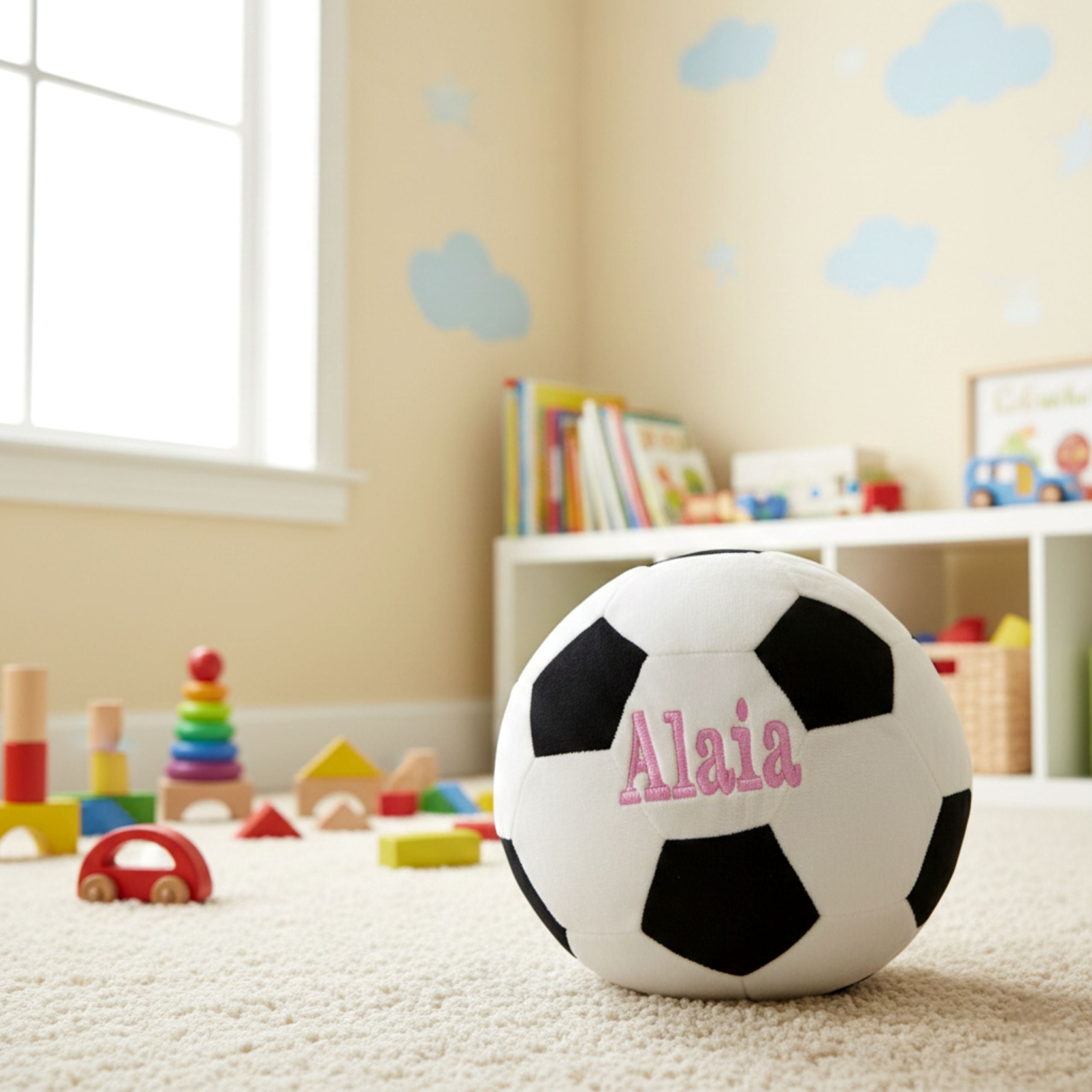Striker Personalised Football Plush with another embroidered name, front view