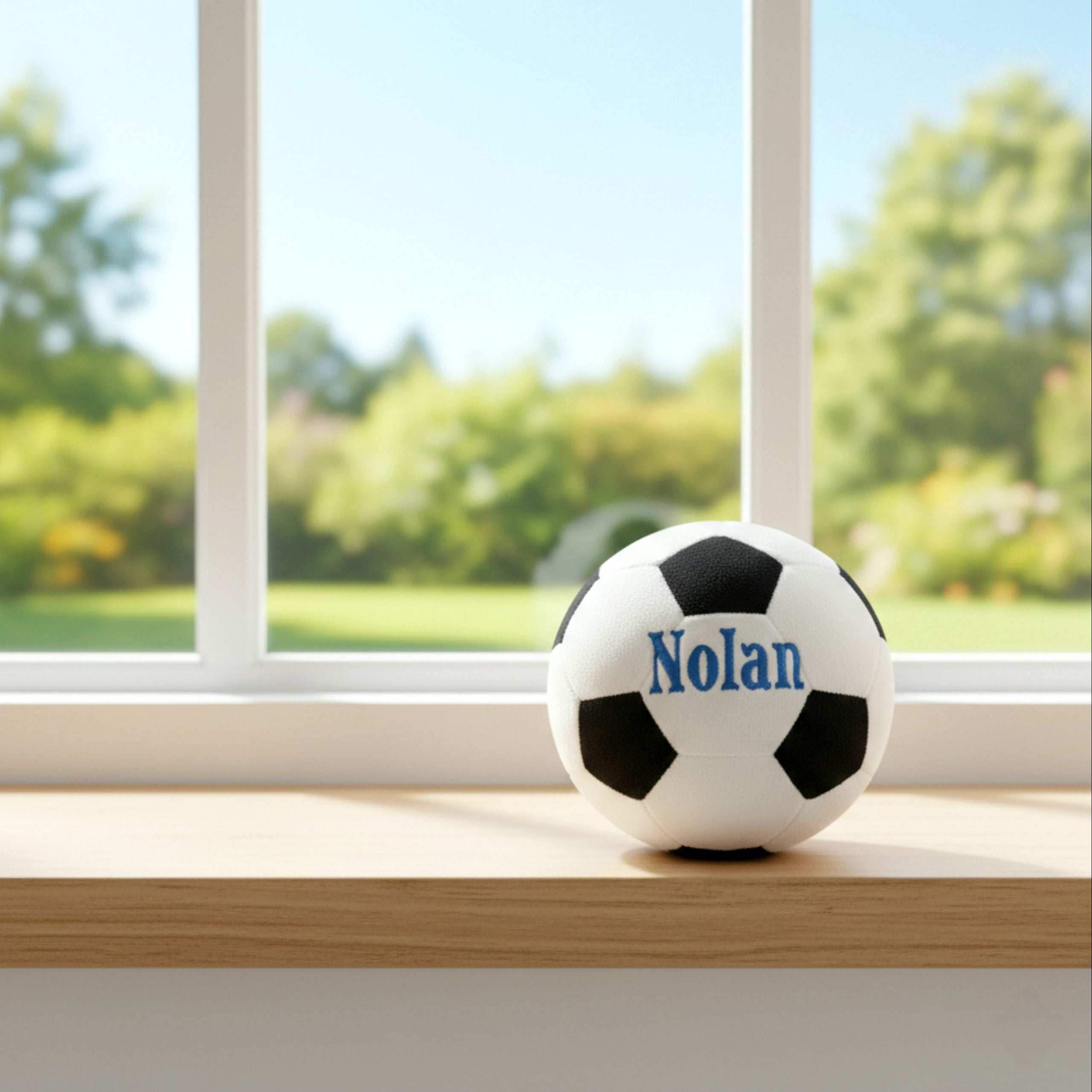 Striker Personalised Football Plush in window, personalised with embroidered name