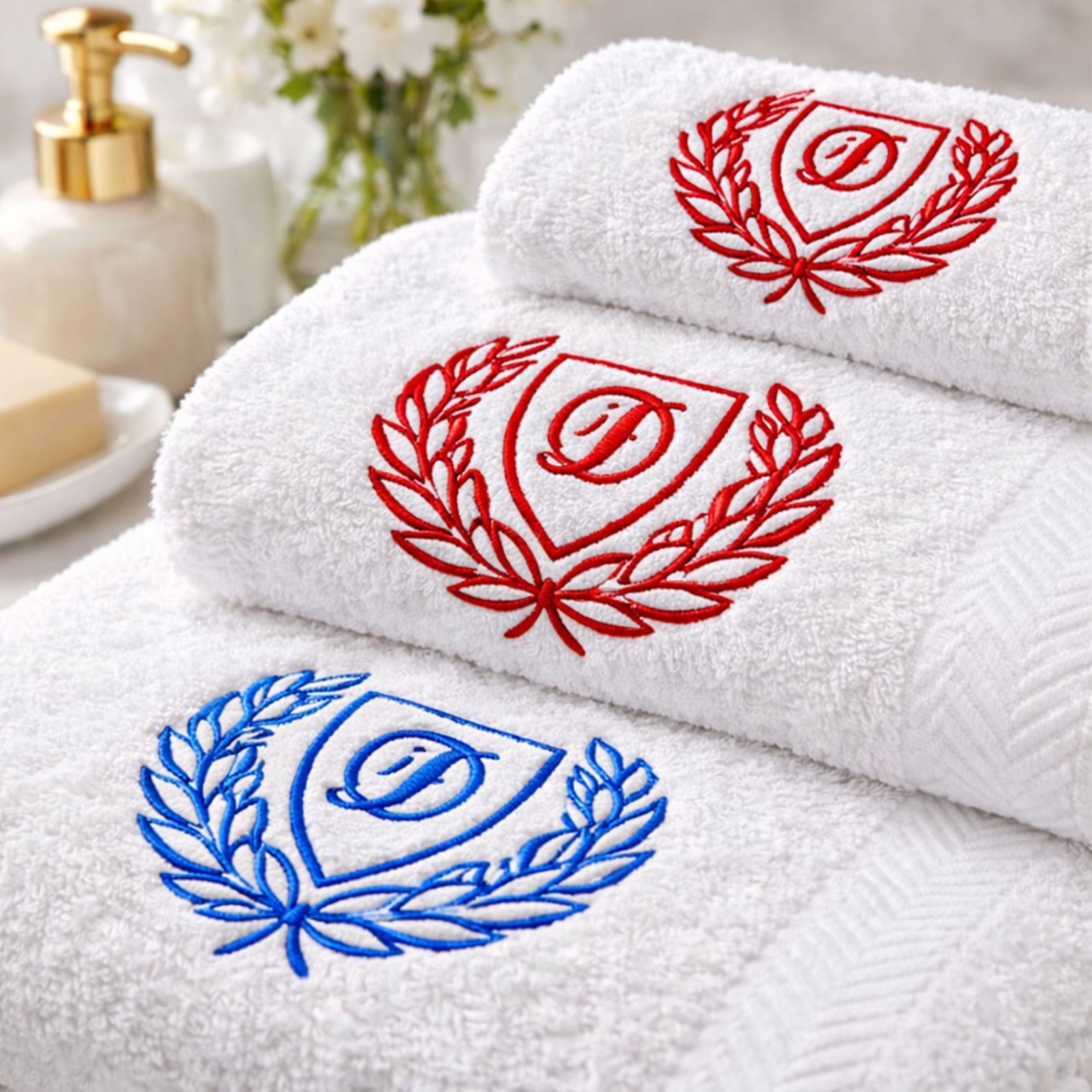 close up of crest embroidery on personalised towel