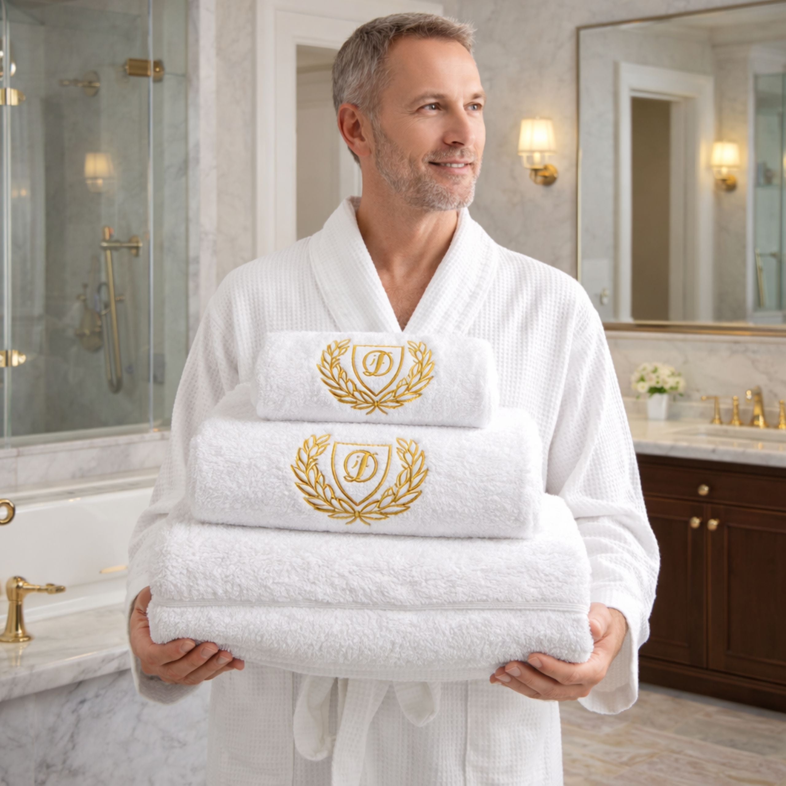 man holding personalised embroidered towels