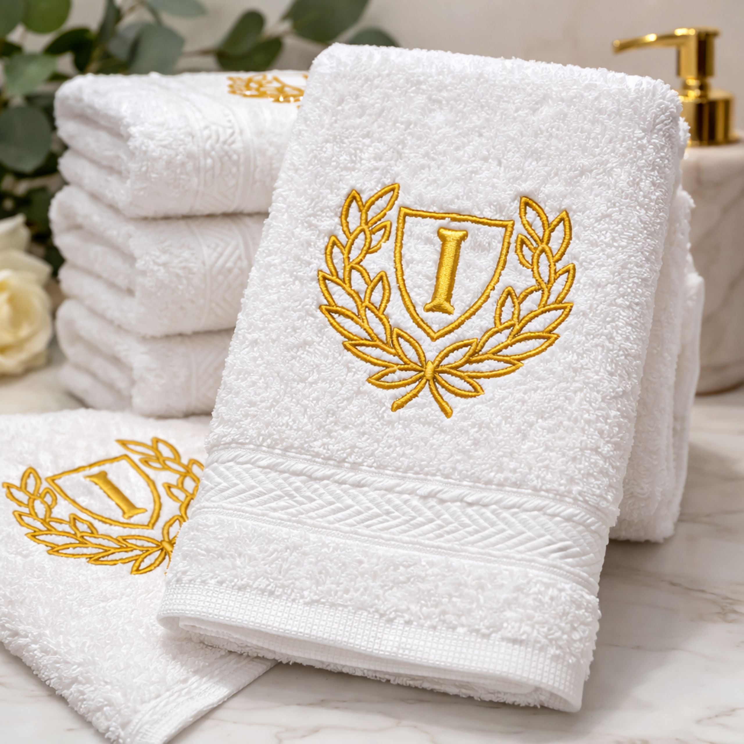 folded personalised embroidered towels with crest design