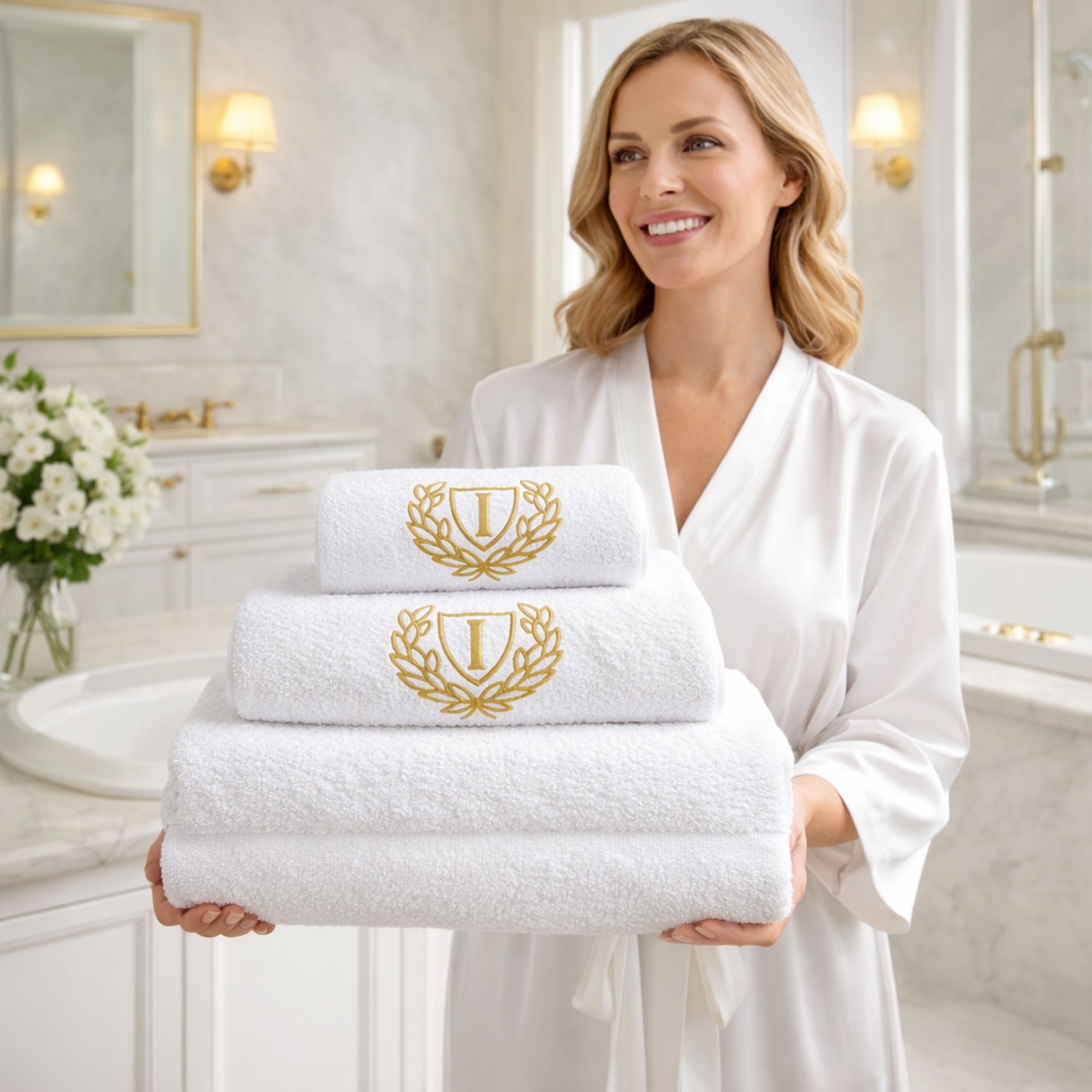 woman holding personalised embroidered towels