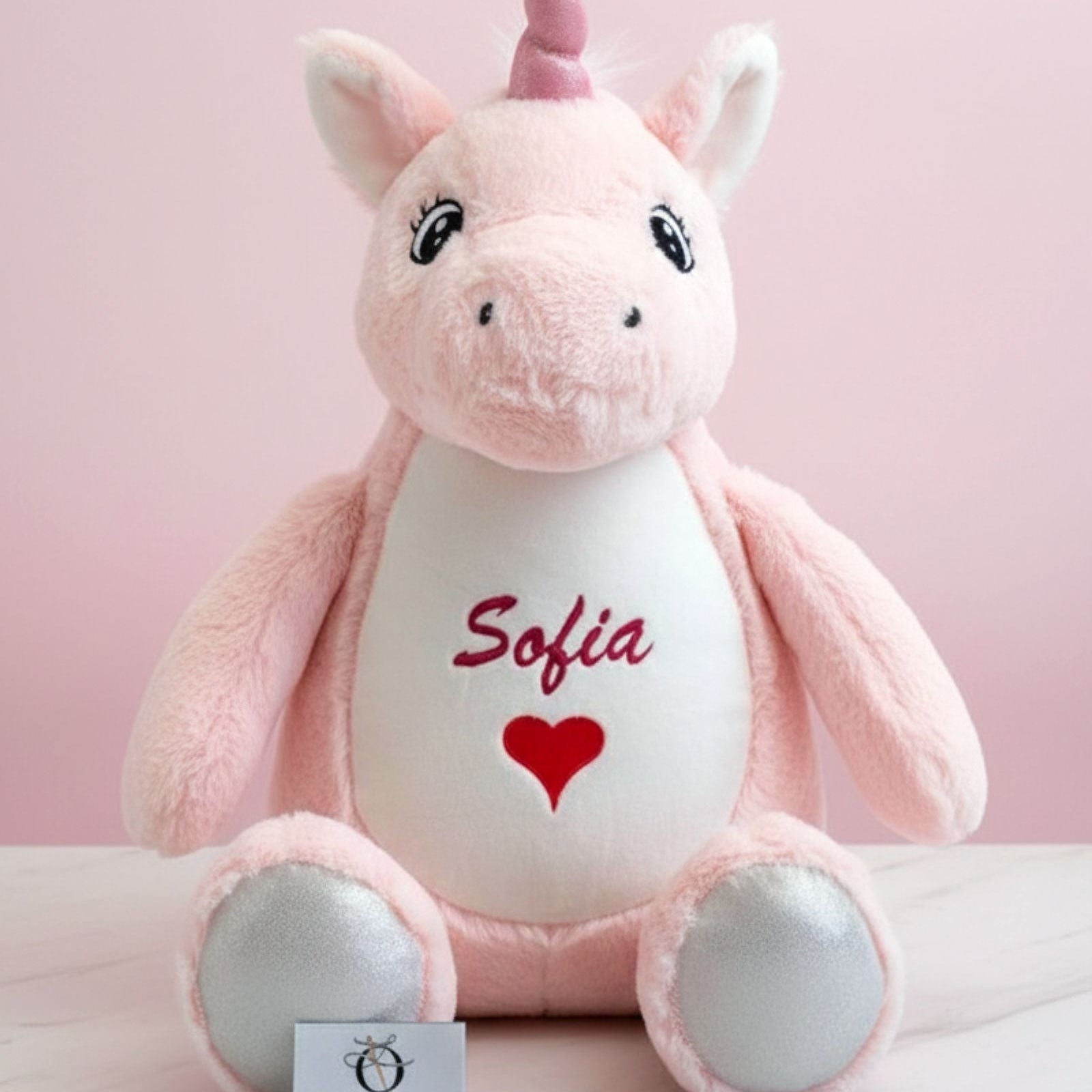 Personalised Plush Pink Unicorn Luna, front view with embroidery