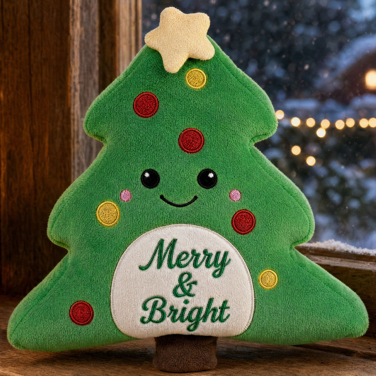 Front view of Jingle Christmas tree plush toy with white personalisation panel